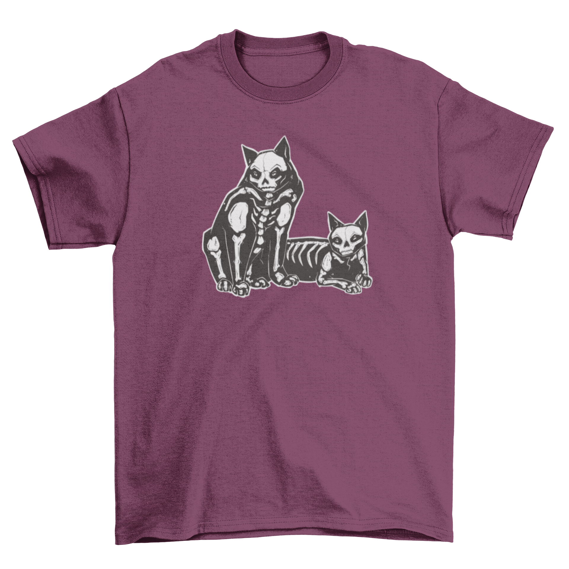 A creepy t-shirt featuring two skeleton cats in a playful design.