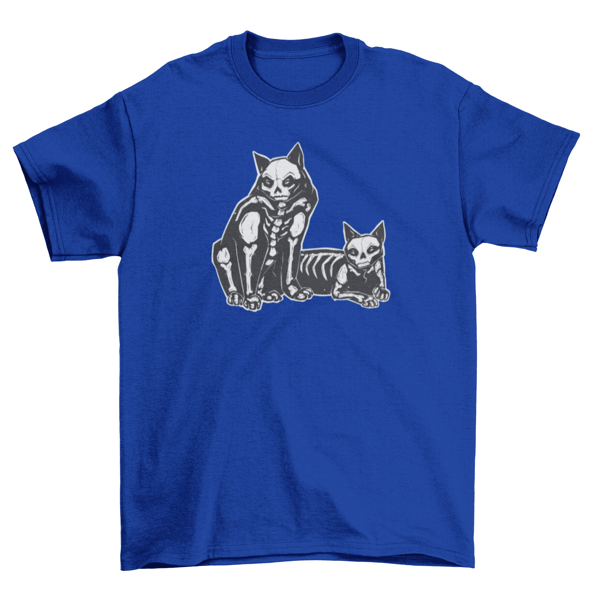 A creepy t-shirt featuring two skeleton cats in a playful design.