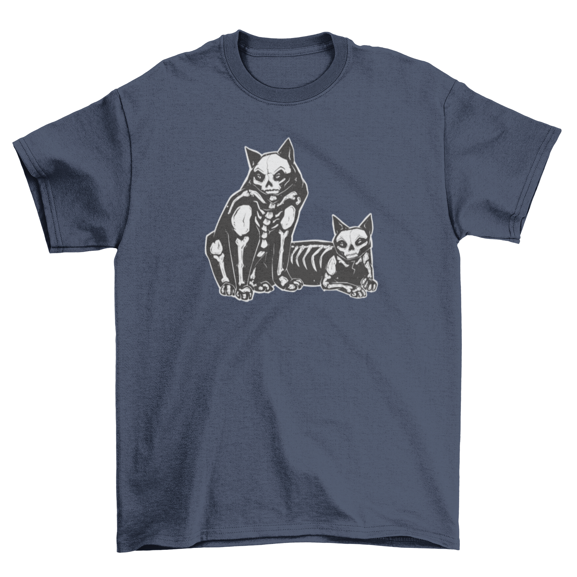 A creepy t-shirt featuring two skeleton cats in a playful design.