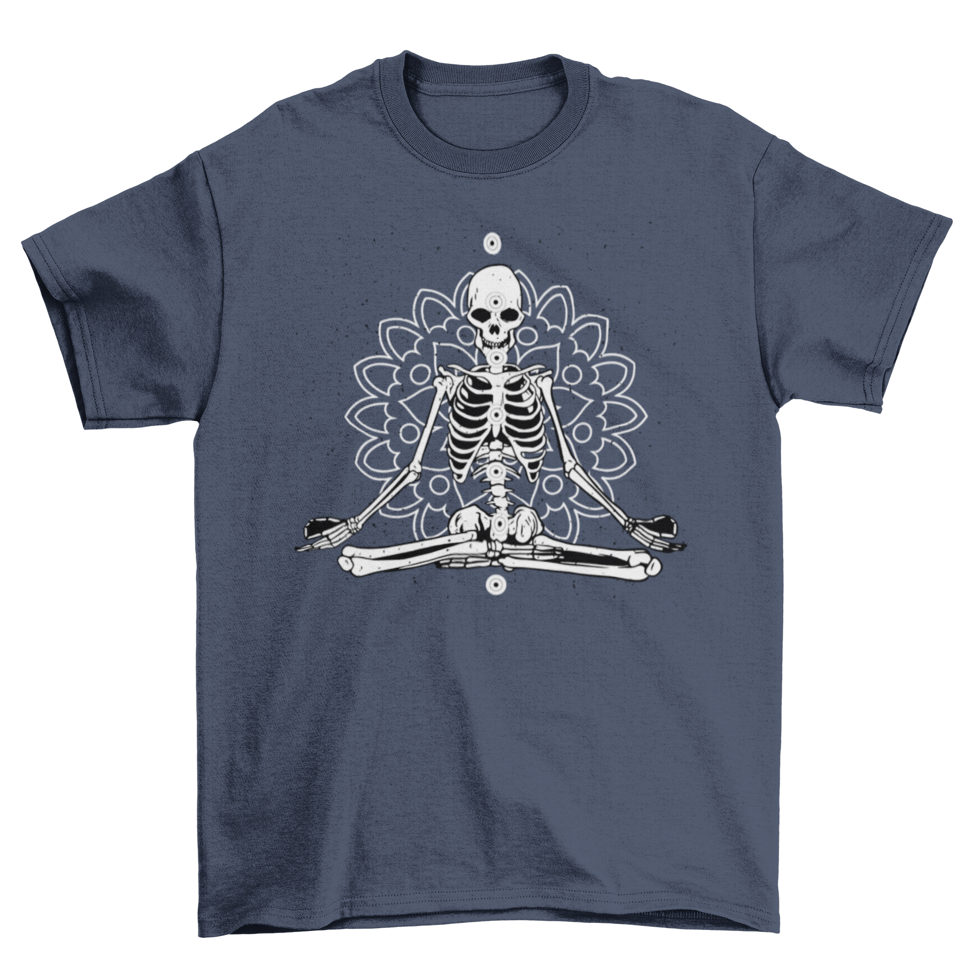 Skeleton in lotus position with chakras and mandala background on a t-shirt.