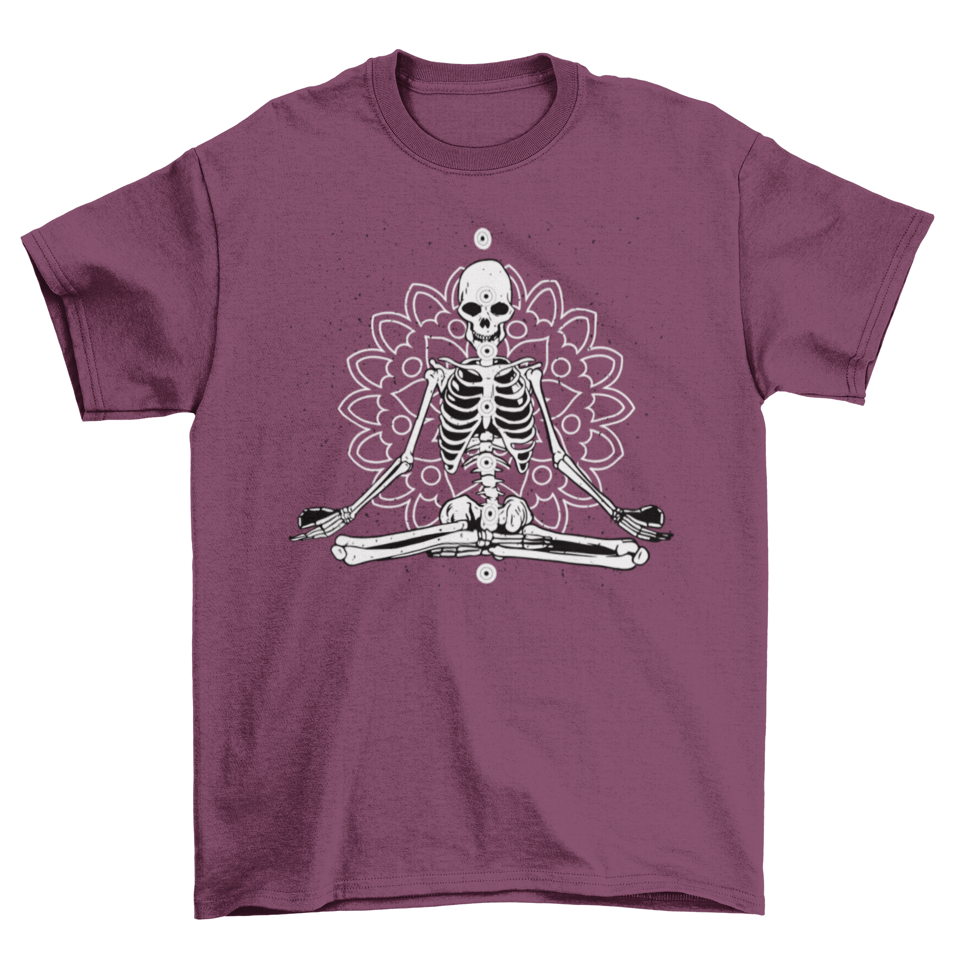 Skeleton in lotus position with chakras and mandala background on a t-shirt.