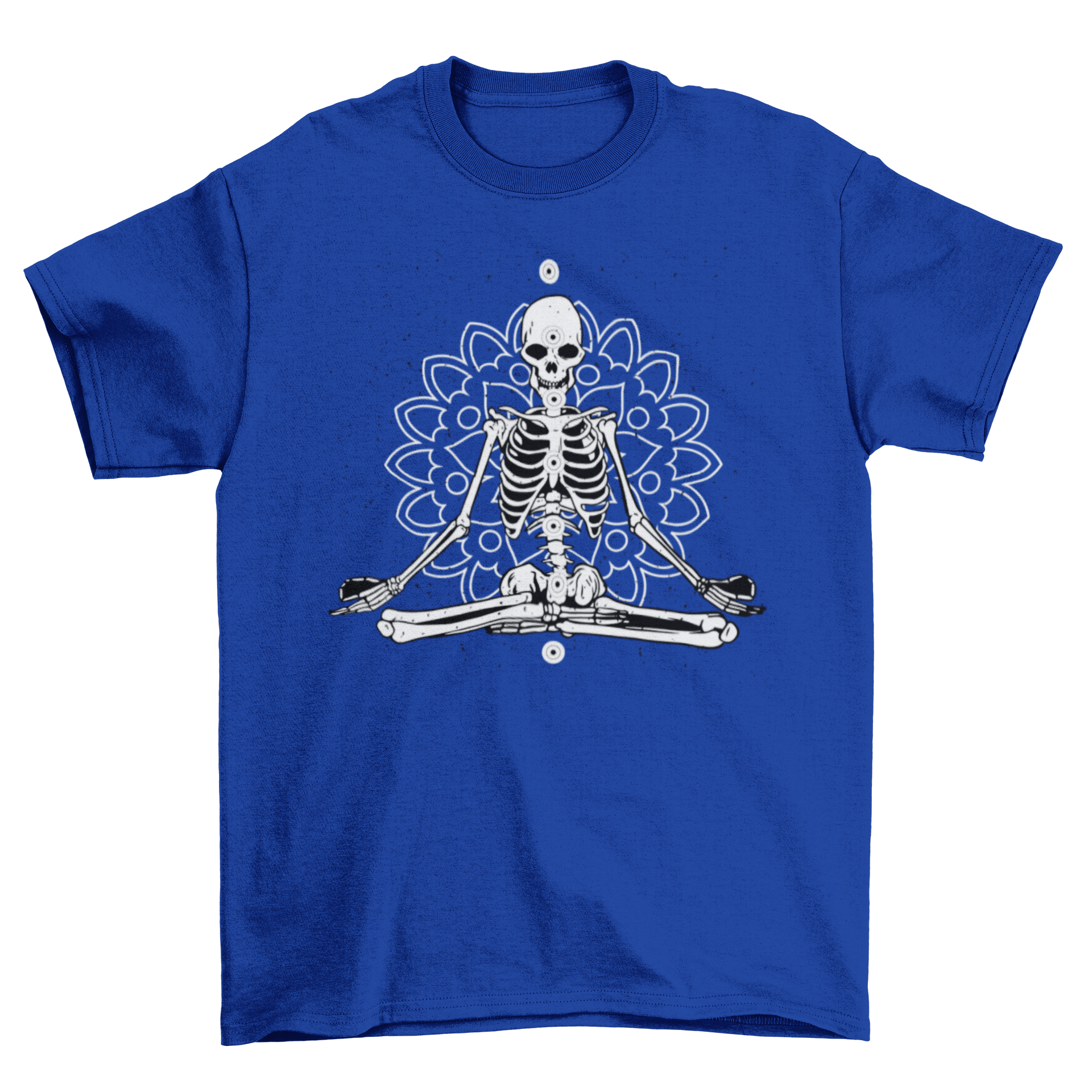 Skeleton in lotus position with chakras and mandala background on a t-shirt.