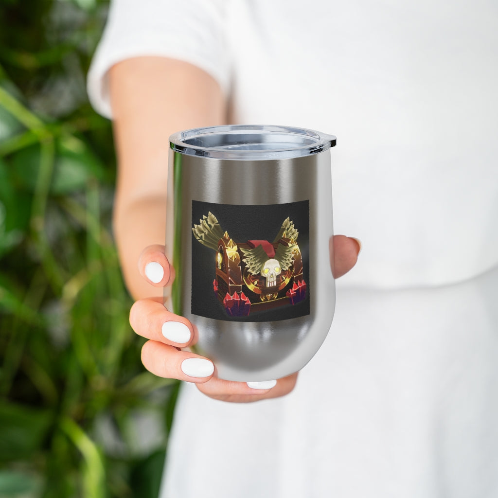 Skeleton Chest 12oz Insulated Wine Tumbler with clear lid, showcasing its stainless steel design and double-wall insulation.