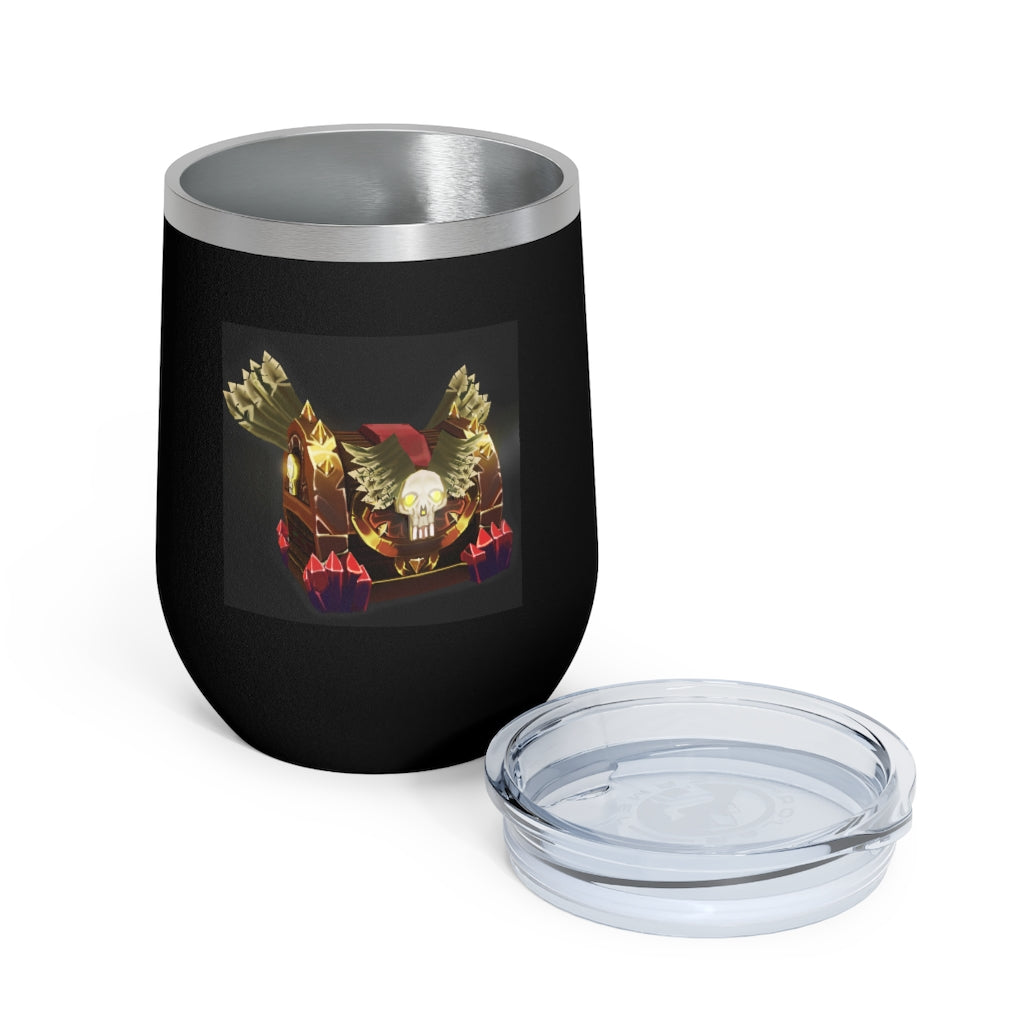 Skeleton Chest 12oz Insulated Wine Tumbler with clear lid, showcasing its stainless steel design and double-wall insulation.