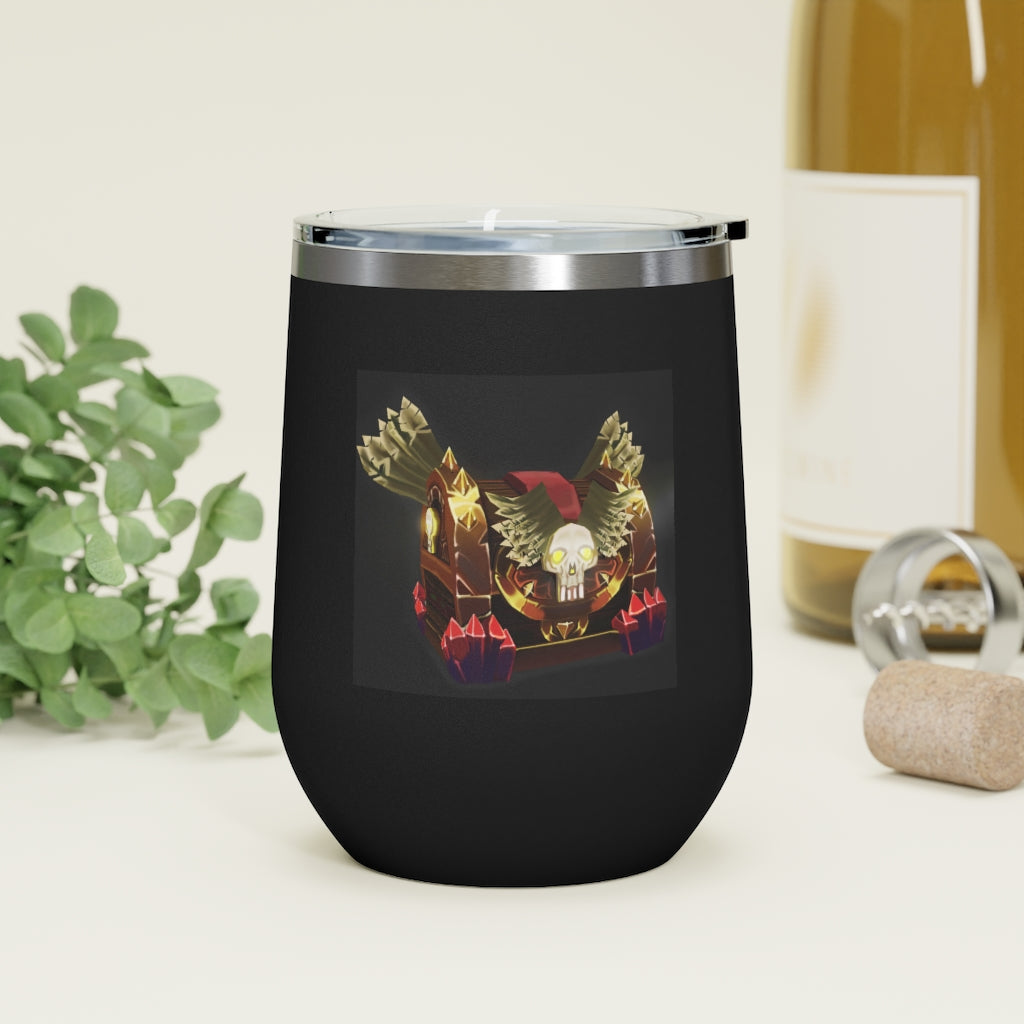 Skeleton Chest 12oz Insulated Wine Tumbler with clear lid, showcasing its stainless steel design and double-wall insulation.