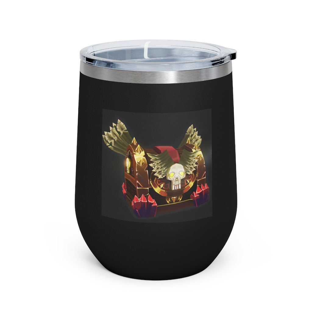 Skeleton Chest 12oz Insulated Wine Tumbler with clear lid, showcasing its stainless steel design and double-wall insulation.