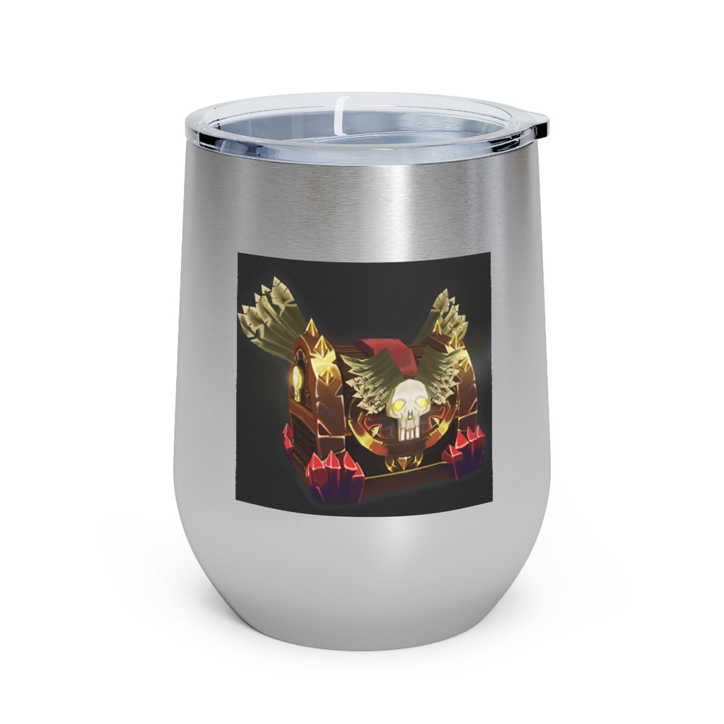 Skeleton Chest 12oz Insulated Wine Tumbler with clear lid, showcasing its stainless steel design and double-wall insulation.