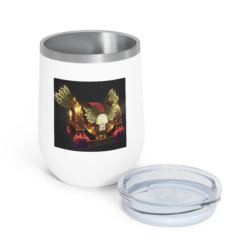 Skeleton Chest 12oz Insulated Wine Tumbler with clear lid, showcasing its stainless steel design and double-wall insulation.