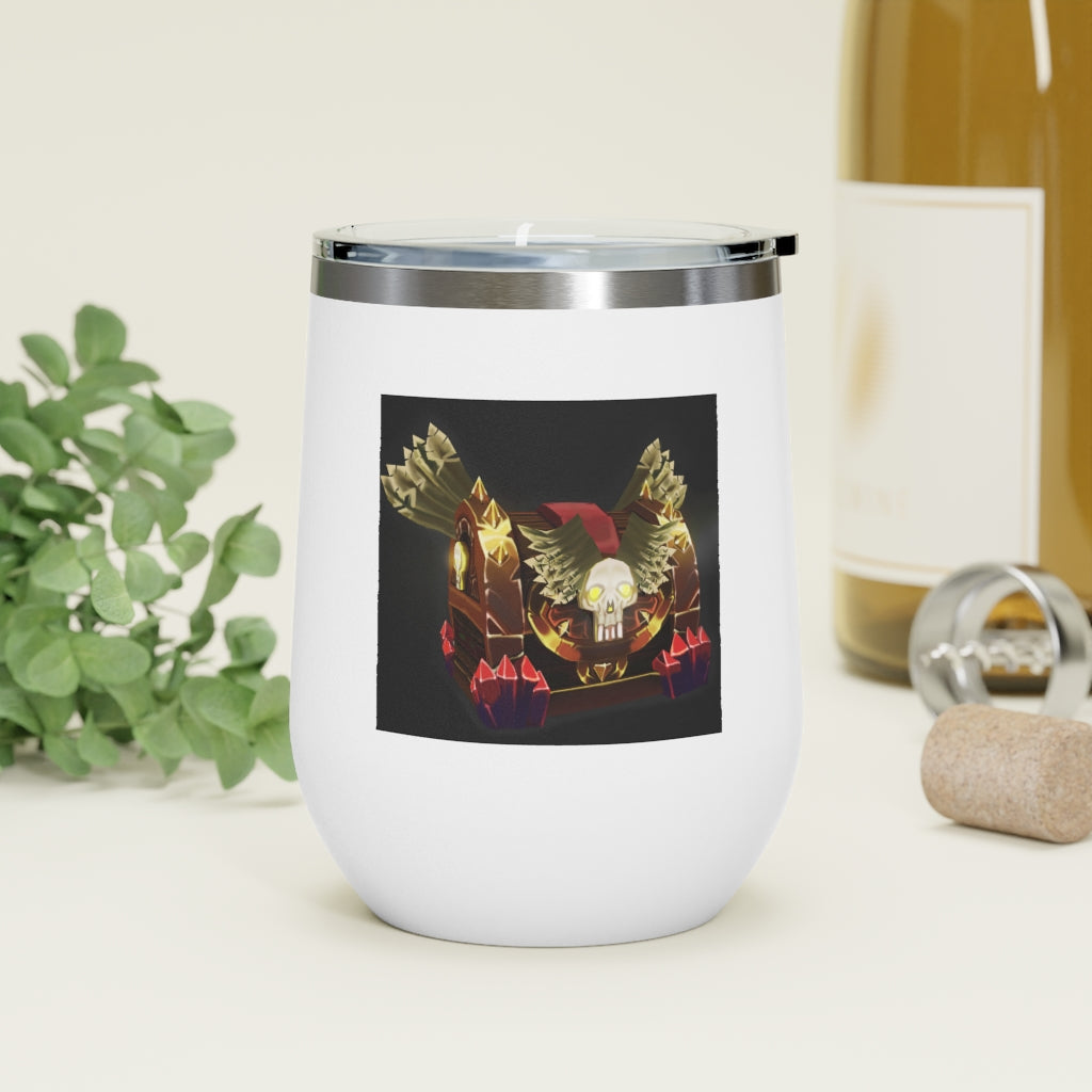 Skeleton Chest 12oz Insulated Wine Tumbler with clear lid, showcasing its stainless steel design and double-wall insulation.