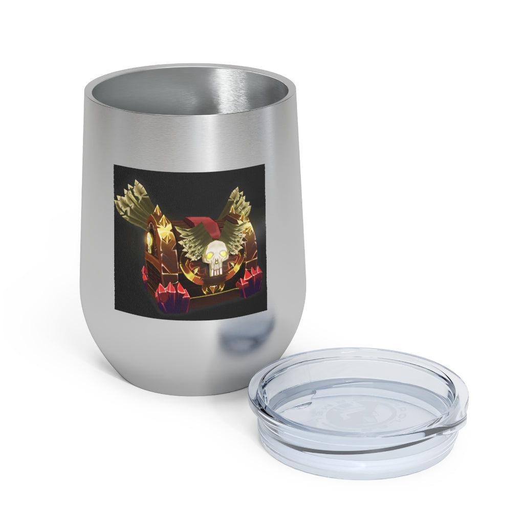 Skeleton Chest 12oz Insulated Wine Tumbler with clear lid, showcasing its stainless steel design and double-wall insulation.