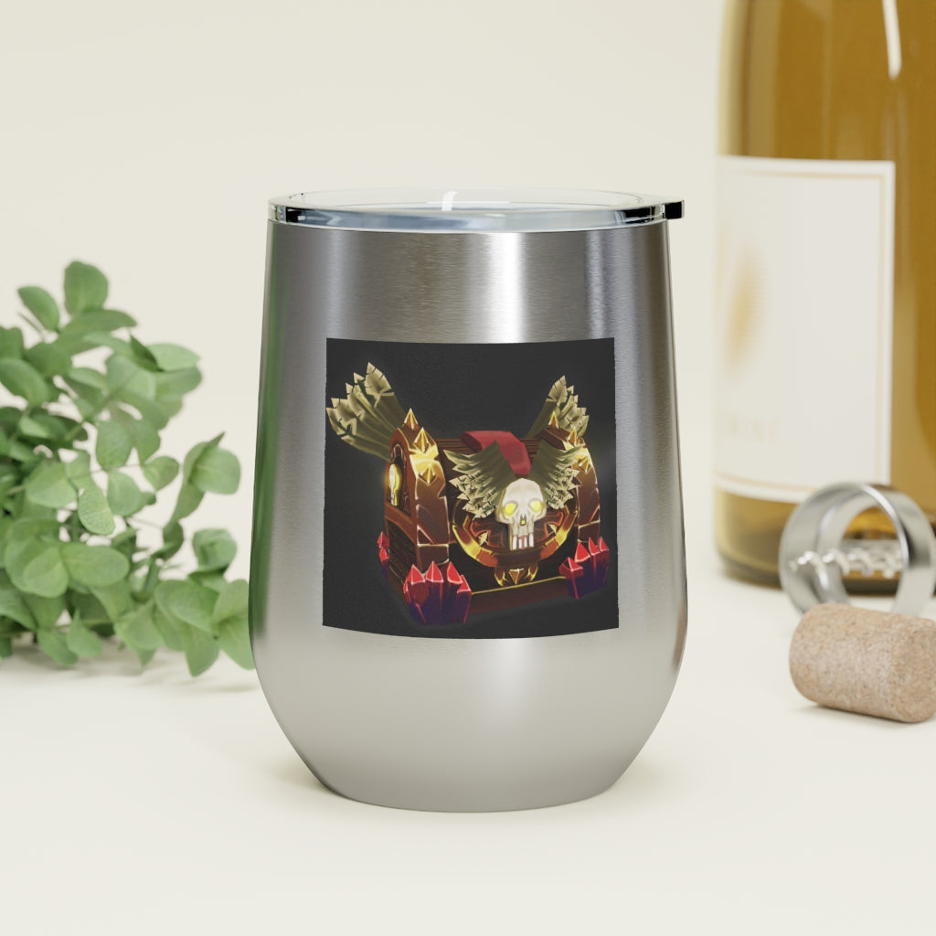 Skeleton Chest 12oz Insulated Wine Tumbler with clear lid, showcasing its stainless steel design and double-wall insulation.