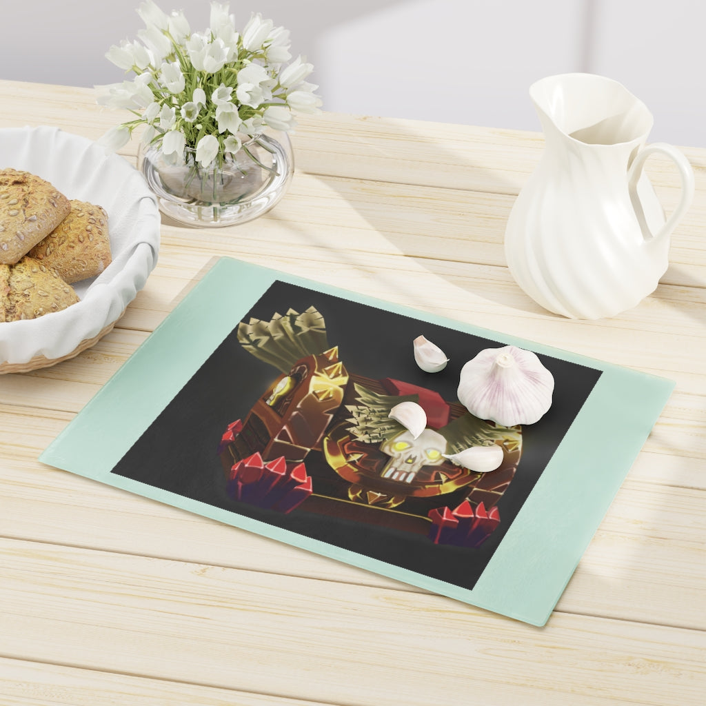 Skeleton Chest Cutting Board made of tempered glass with rubber dots for stability, featuring a unique skeleton chest design.