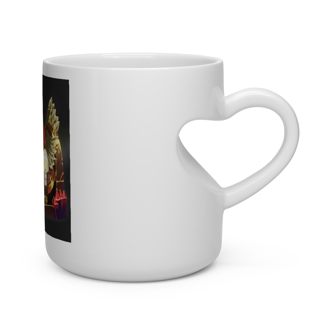 A white ceramic mug shaped like a heart with a skeleton chest design, featuring a heart-shaped handle and round corners.