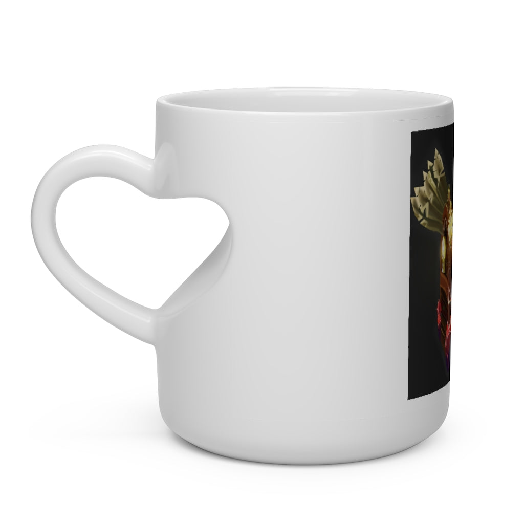 A white ceramic mug shaped like a heart with a skeleton chest design, featuring a heart-shaped handle and round corners.