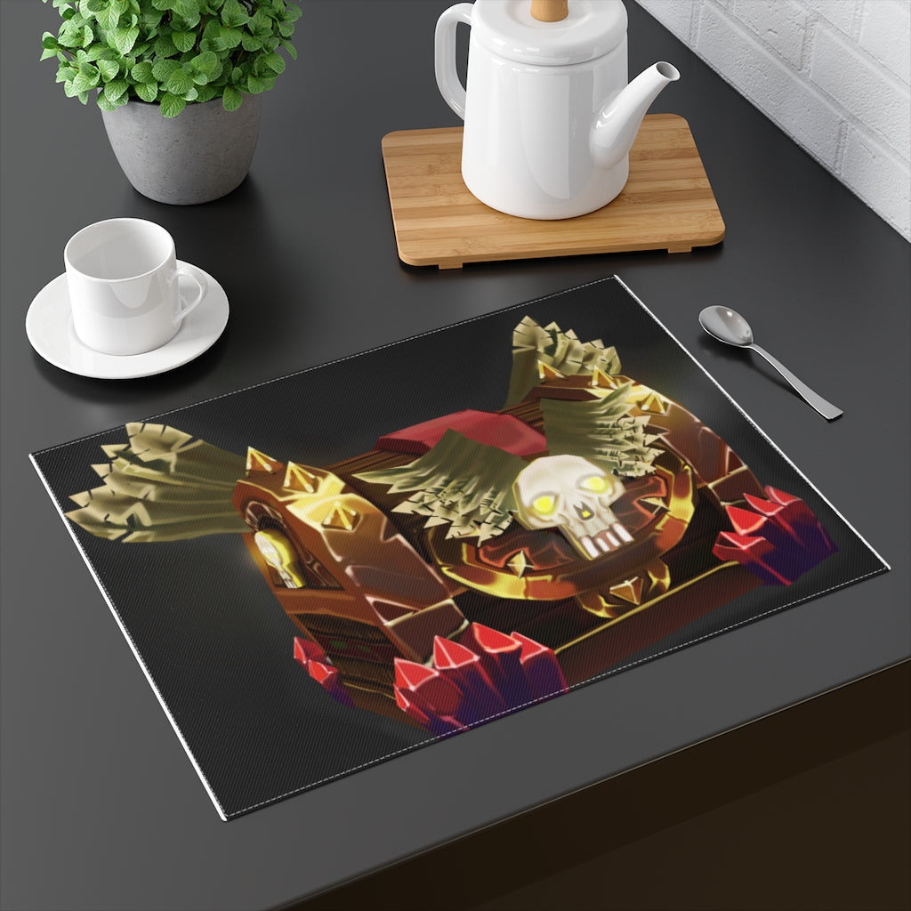 Skeleton Chest Placemat featuring a unique design with a vibrant print on one side and a natural back, made from durable cotton.