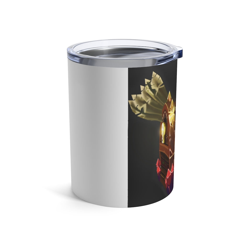 A stylish 10oz stainless steel tumbler with a skeleton chest design and a see-thru plastic lid, perfect for travel and outdoor use.