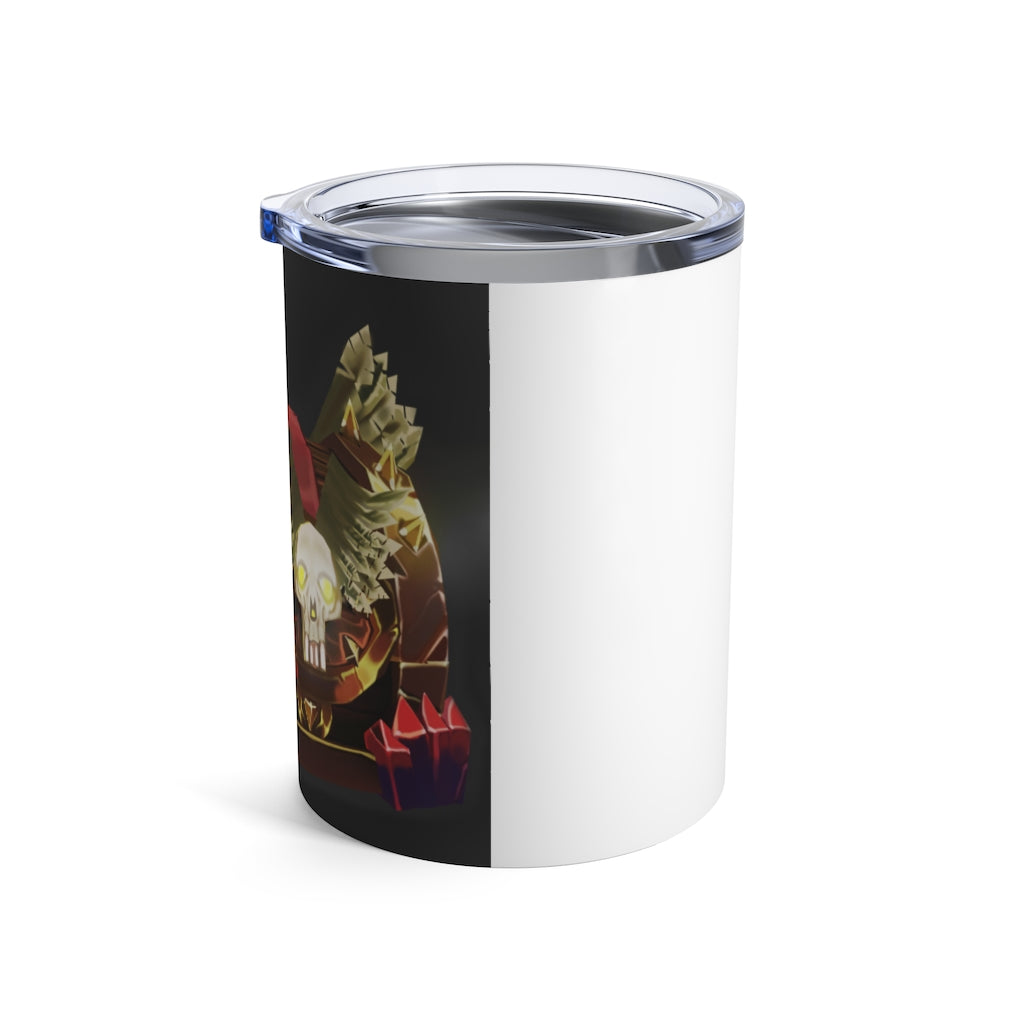 A stylish 10oz stainless steel tumbler with a skeleton chest design and a see-thru plastic lid, perfect for travel and outdoor use.