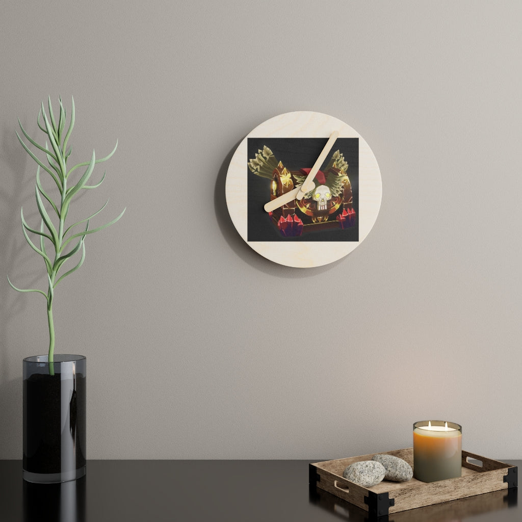 Skeleton Chest Wooden Wall Clock made from sustainable birch plywood, featuring customizable designs and available in two sizes.