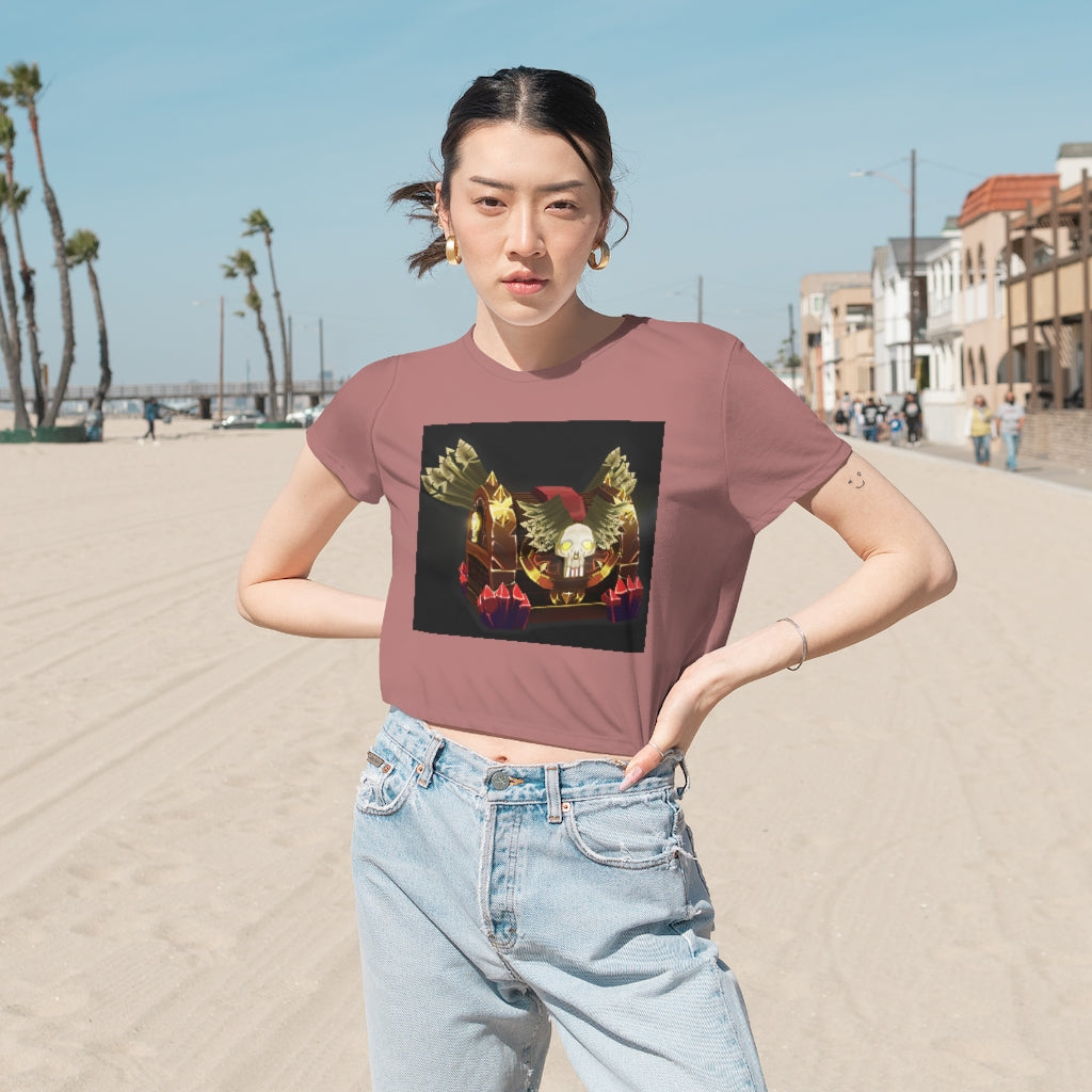 Skeleton Chest Women's Flowy Cropped Tee in a stylish design, showcasing its lightweight fabric and flowy fit.