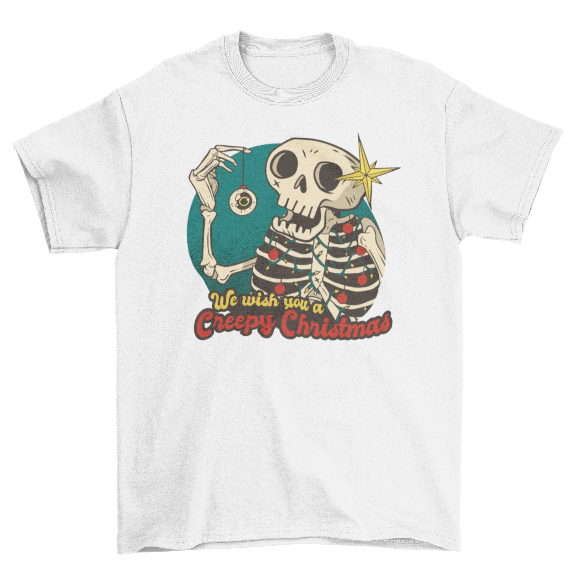 Skeleton Christmas cartoon t-shirt featuring a playful skeleton and the quote 'We wish you a creepy Christmas'.