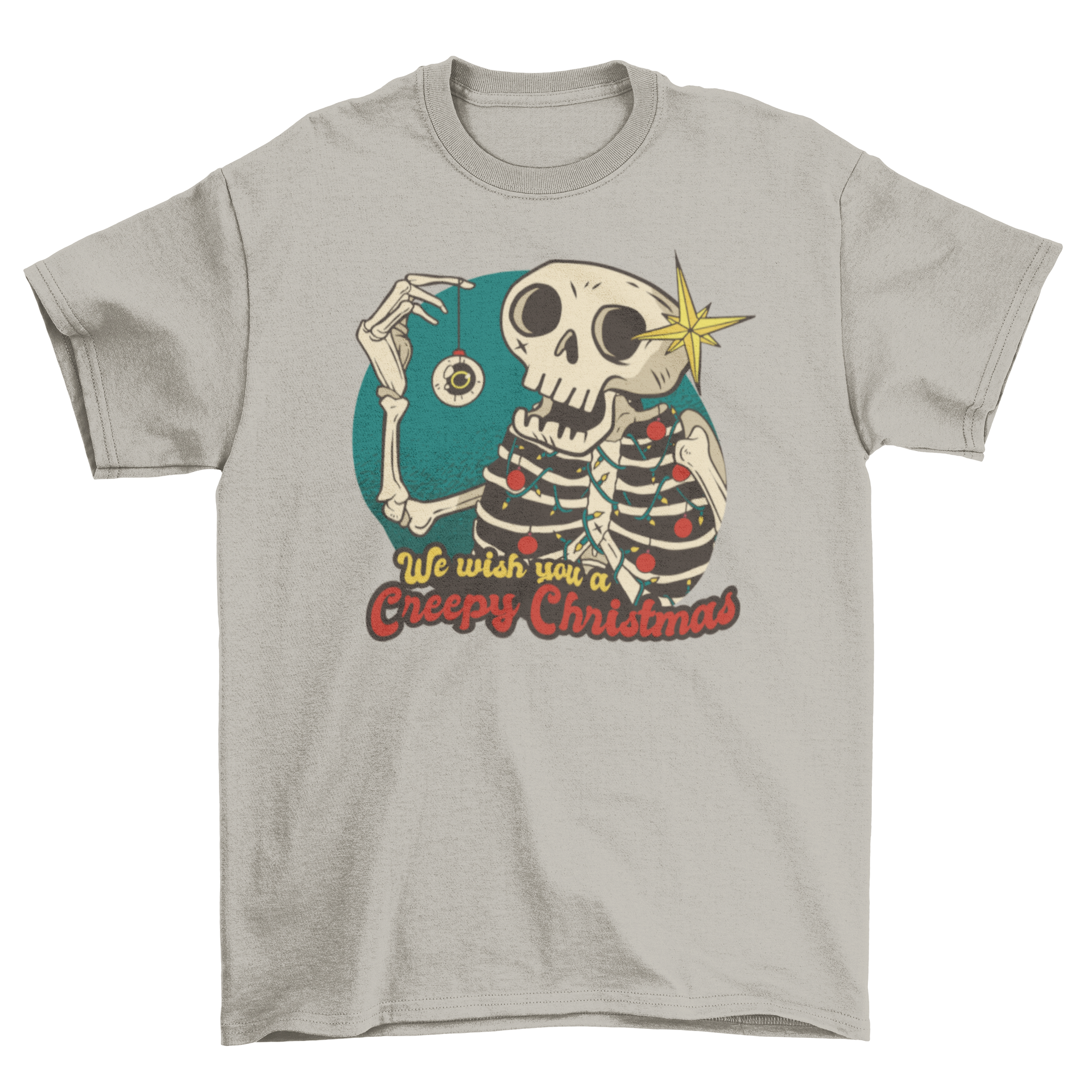 Skeleton Christmas cartoon t-shirt featuring a playful skeleton and the quote 'We wish you a creepy Christmas'.