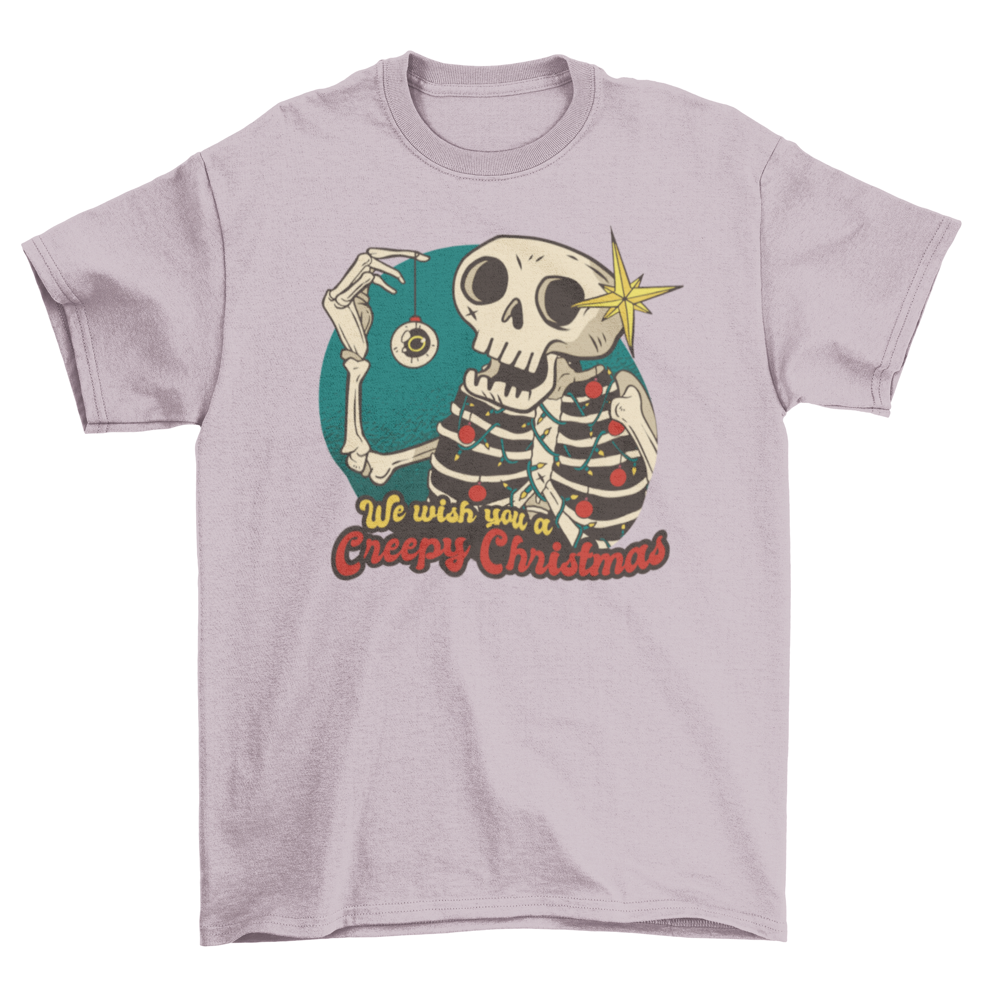 Skeleton Christmas cartoon t-shirt featuring a playful skeleton and the quote 'We wish you a creepy Christmas'.