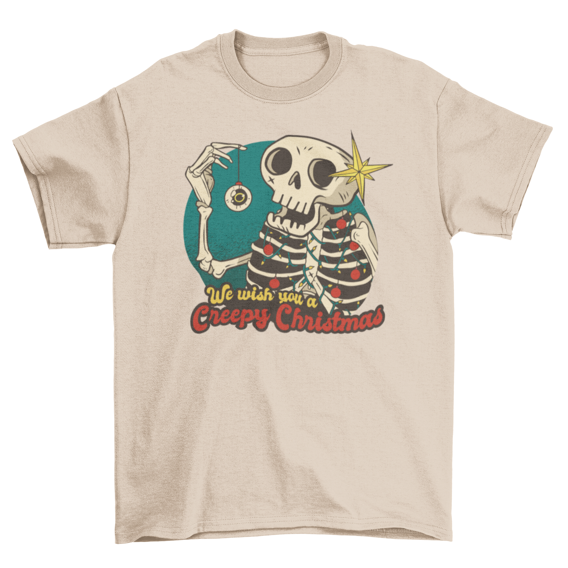 Skeleton Christmas cartoon t-shirt featuring a playful skeleton and the quote 'We wish you a creepy Christmas'.