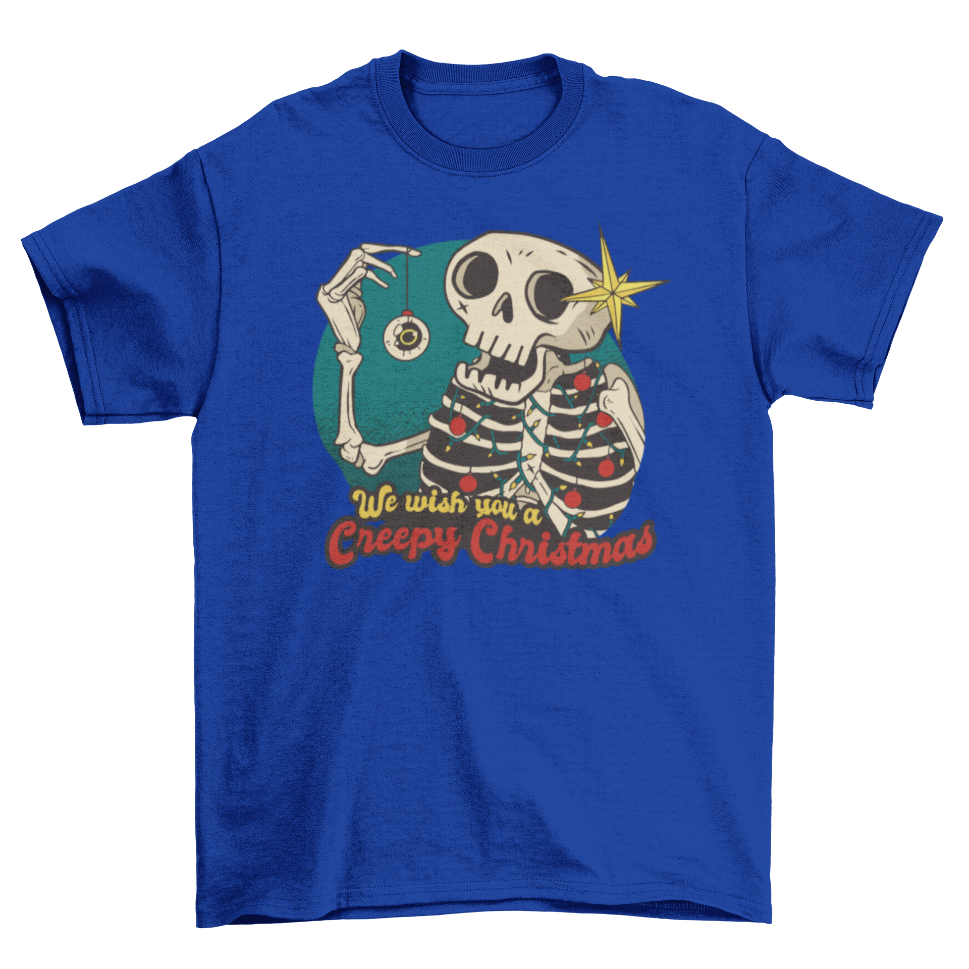 Skeleton Christmas cartoon t-shirt featuring a playful skeleton and the quote 'We wish you a creepy Christmas'.