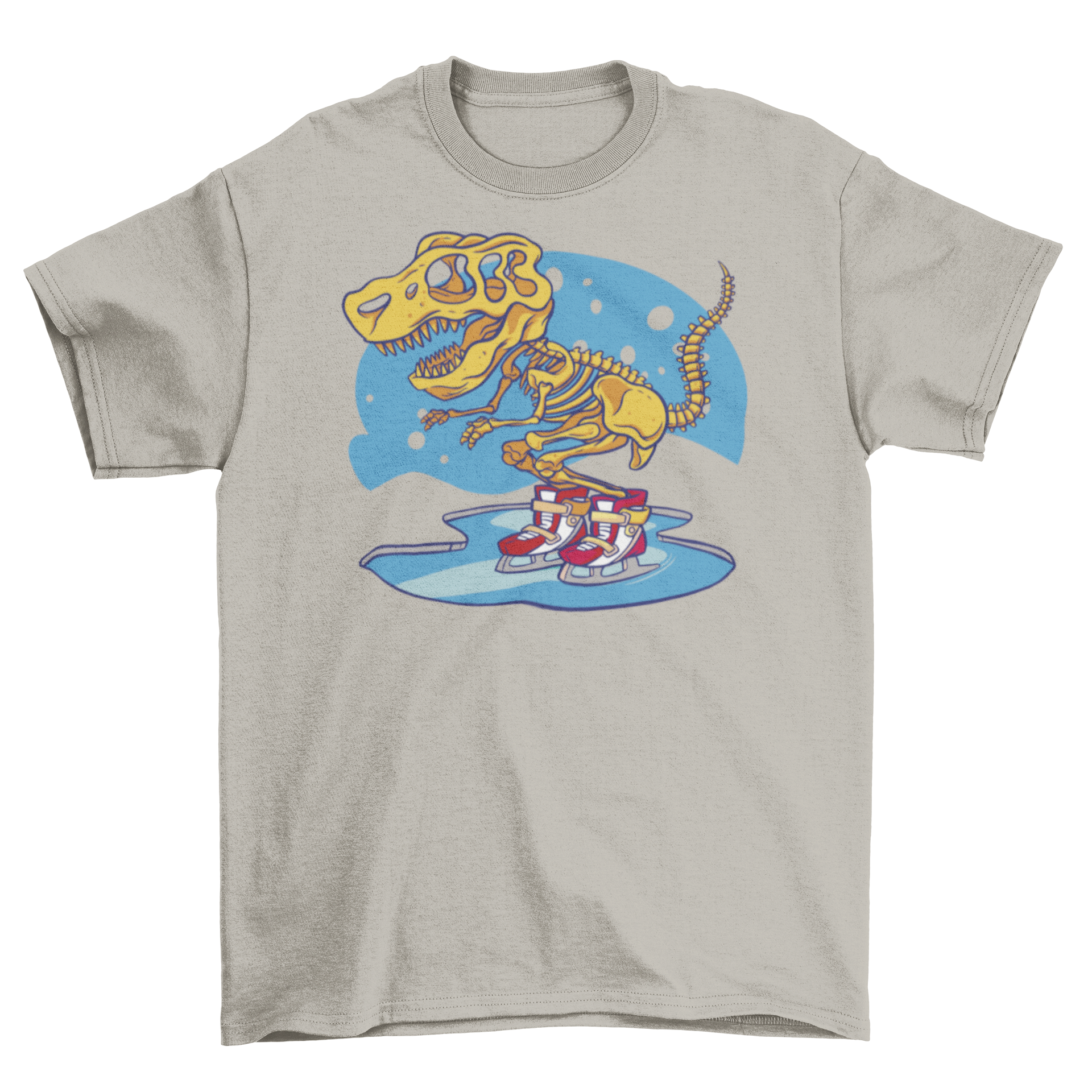 A fun t-shirt featuring a skeleton dinosaur skating on ice, showcasing a playful design perfect for dinosaur lovers.