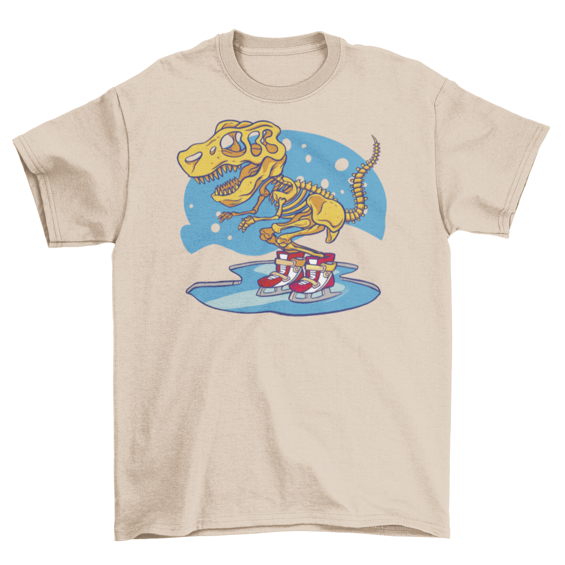 A fun t-shirt featuring a skeleton dinosaur skating on ice, showcasing a playful design perfect for dinosaur lovers.