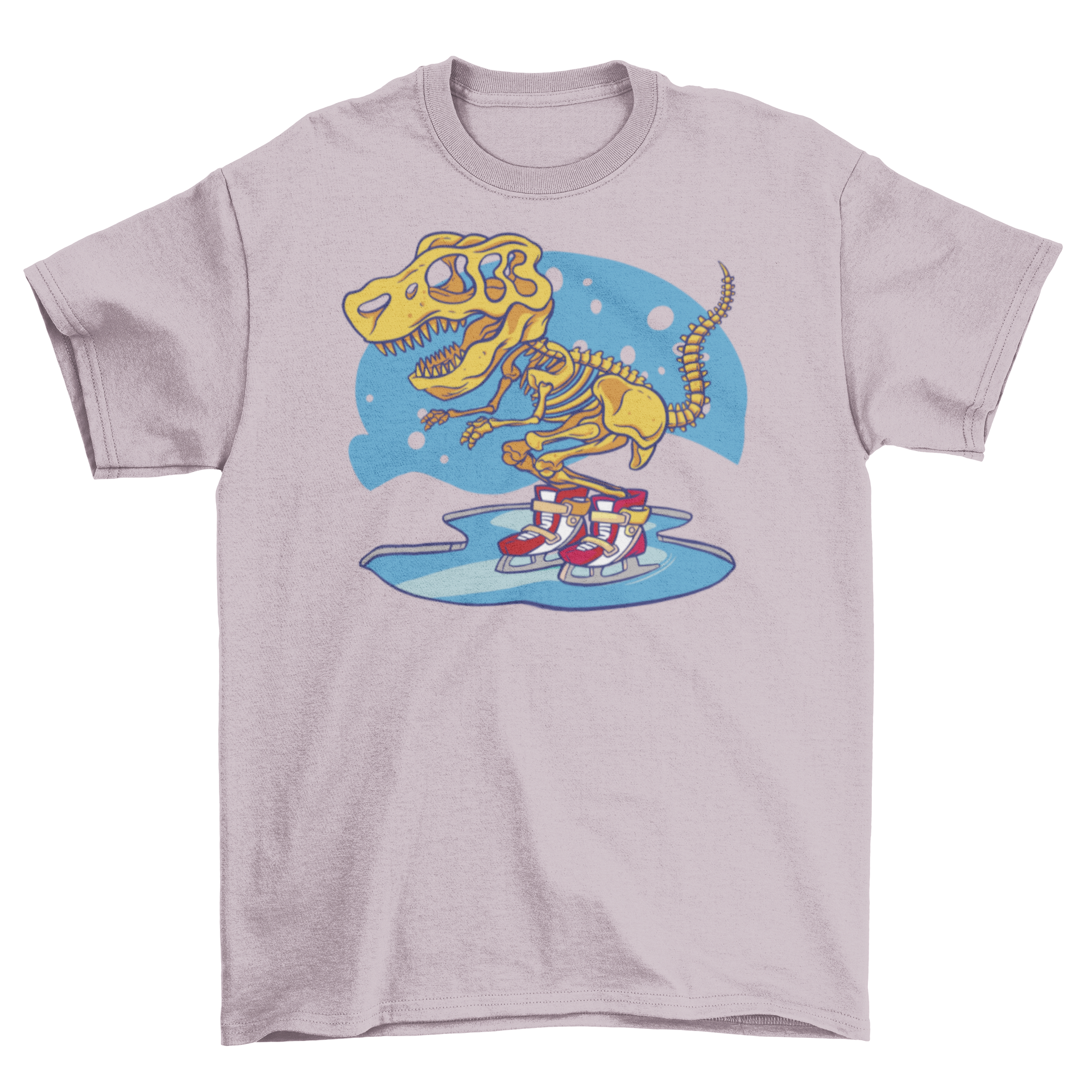 A fun t-shirt featuring a skeleton dinosaur skating on ice, showcasing a playful design perfect for dinosaur lovers.