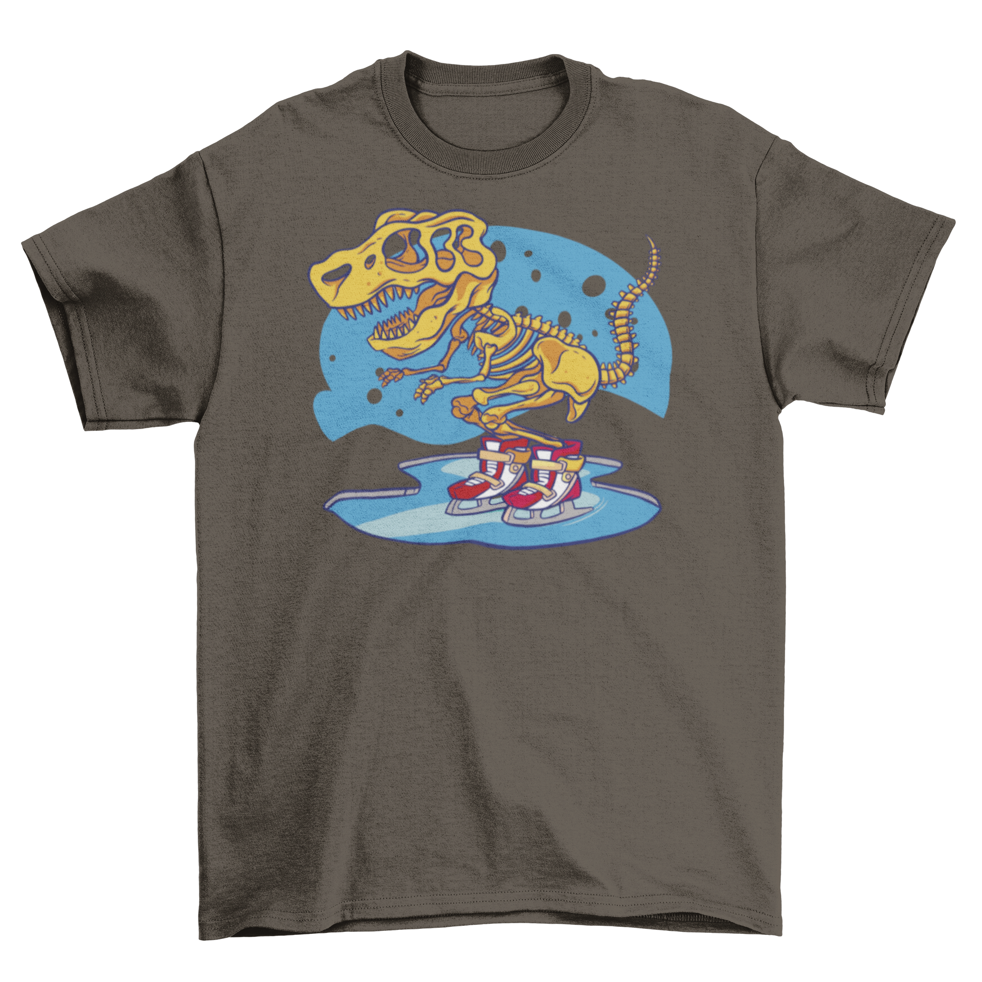 A fun t-shirt featuring a skeleton dinosaur skating on ice, showcasing a playful design perfect for dinosaur lovers.