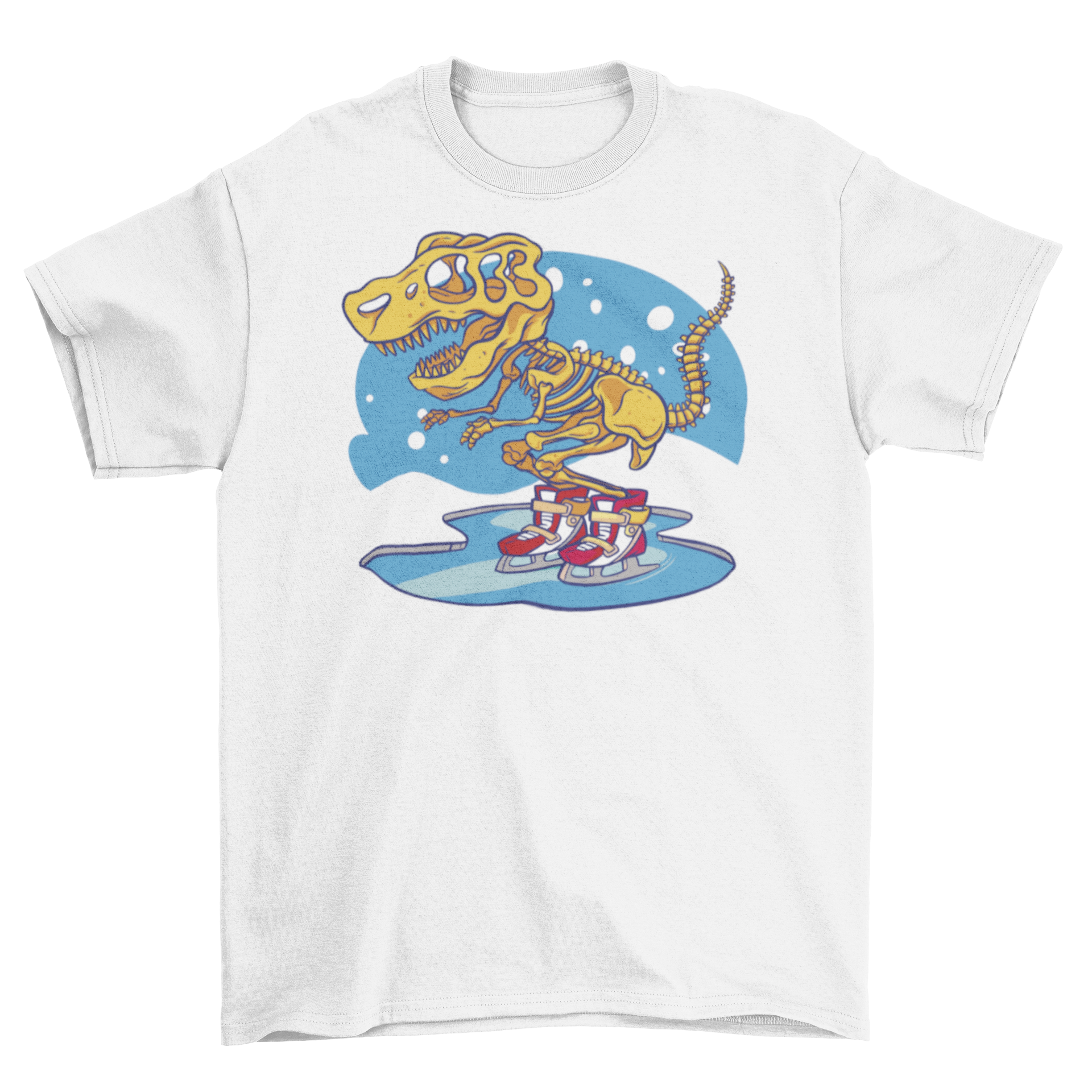 A fun t-shirt featuring a skeleton dinosaur skating on ice, showcasing a playful design perfect for dinosaur lovers.