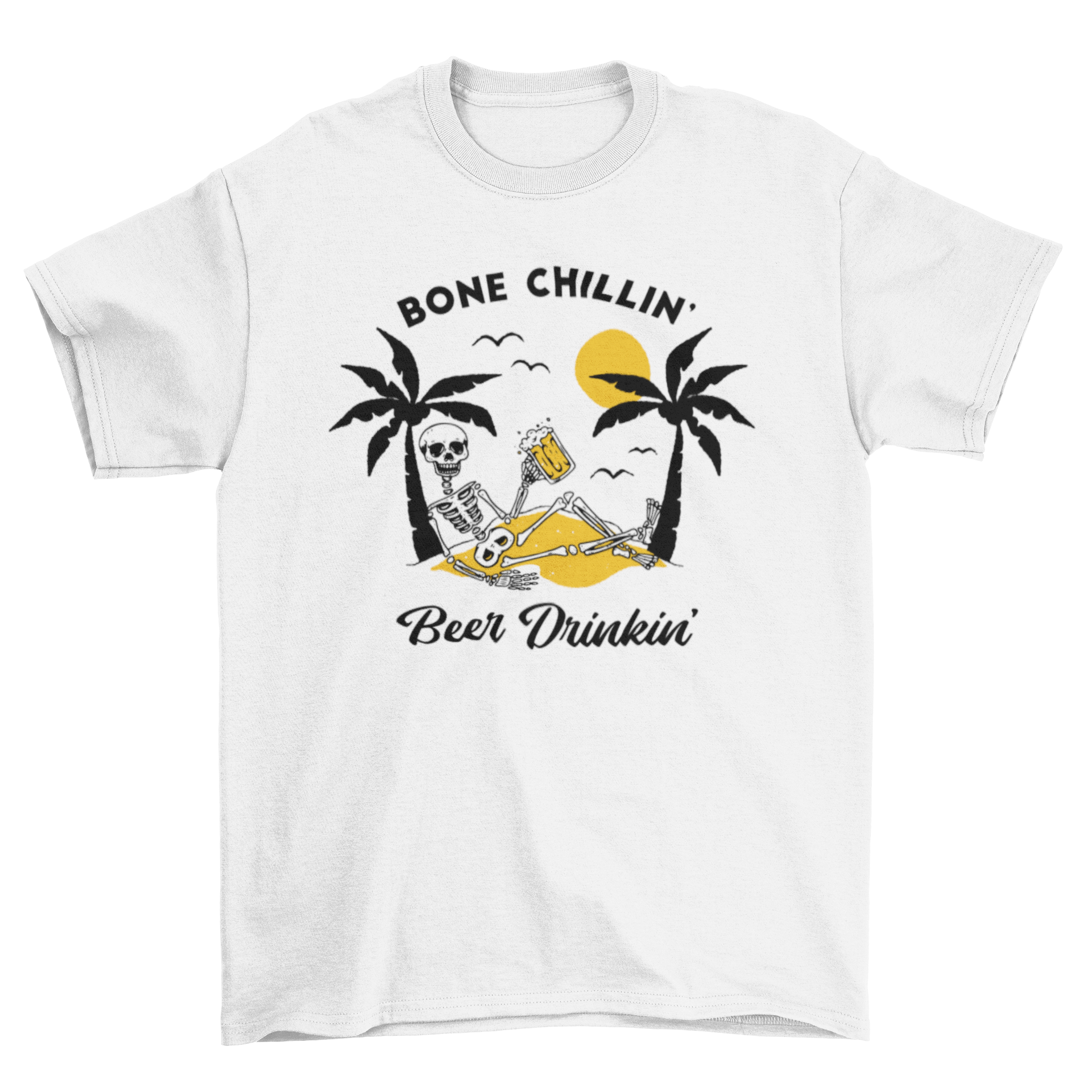 A fun t-shirt featuring a skeleton drinking beer on a beach, with the quote 'Bone chilling beer drinking' displayed.