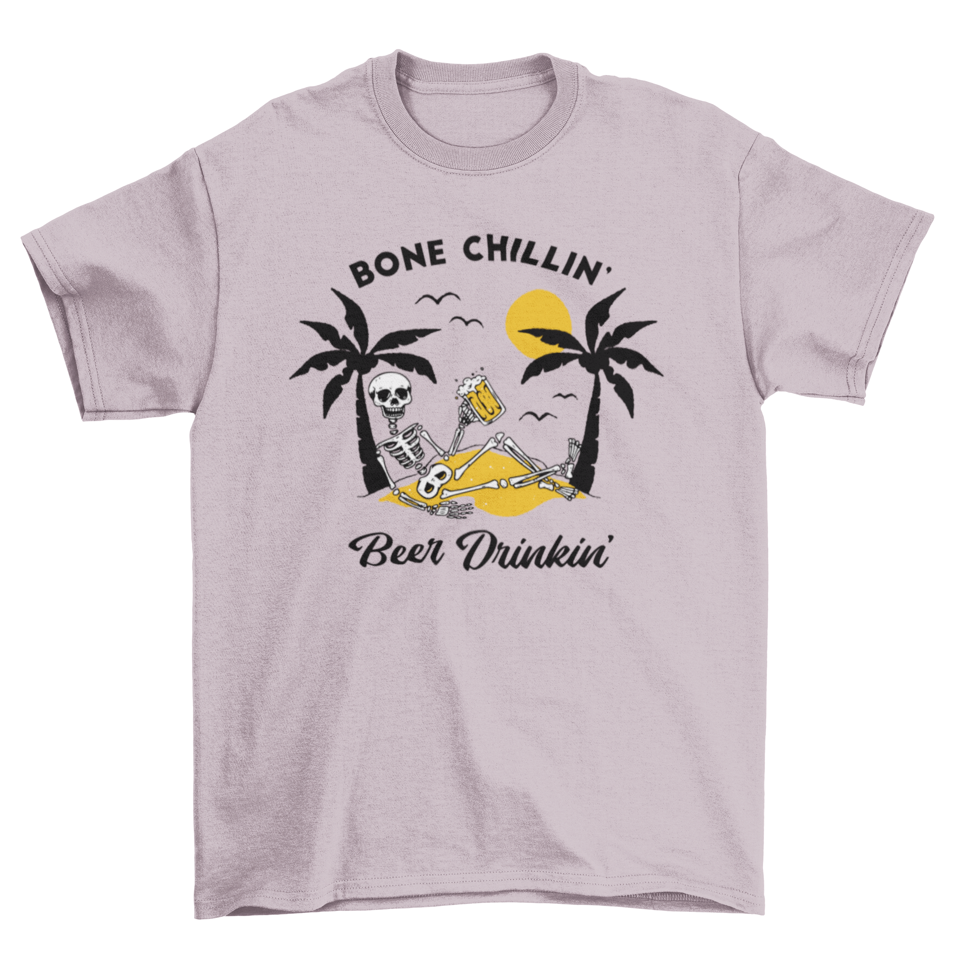 A fun t-shirt featuring a skeleton drinking beer on a beach, with the quote 'Bone chilling beer drinking' displayed.