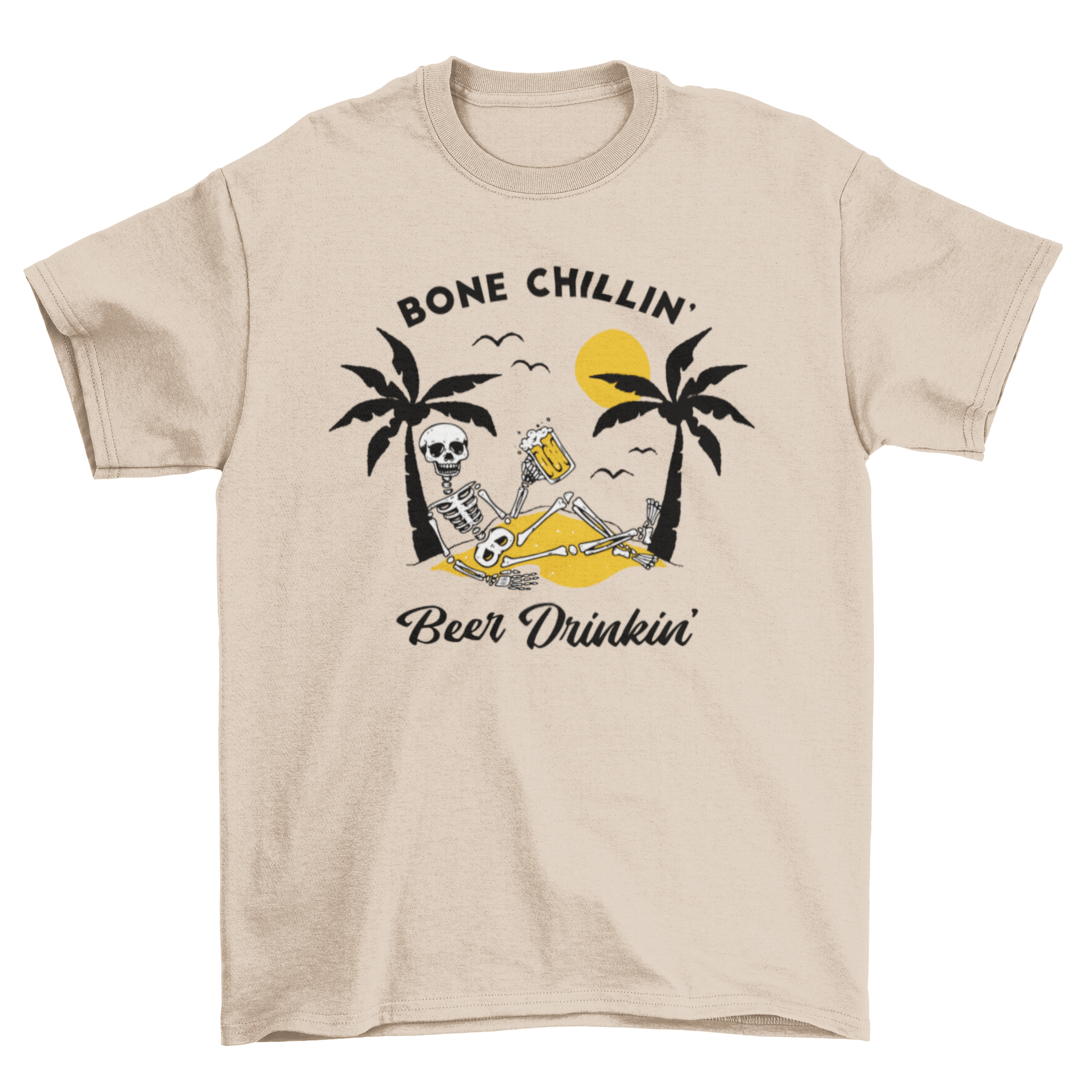 A fun t-shirt featuring a skeleton drinking beer on a beach, with the quote 'Bone chilling beer drinking' displayed.