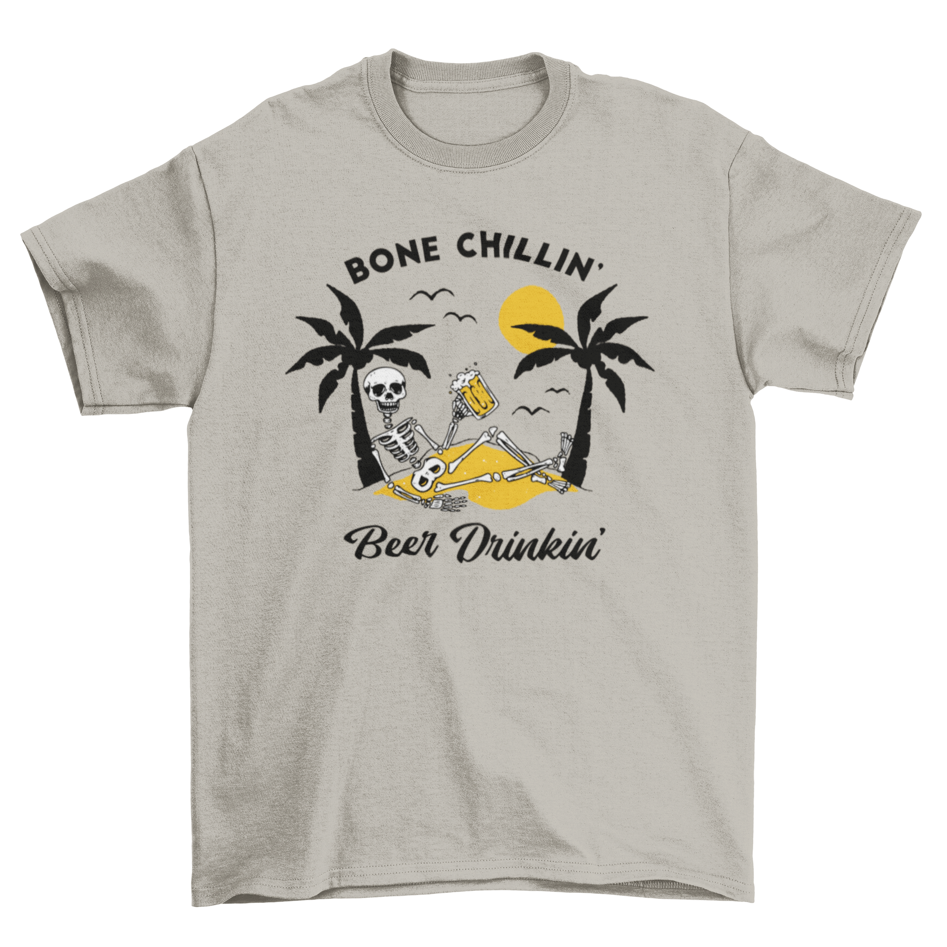 A fun t-shirt featuring a skeleton drinking beer on a beach, with the quote 'Bone chilling beer drinking' displayed.