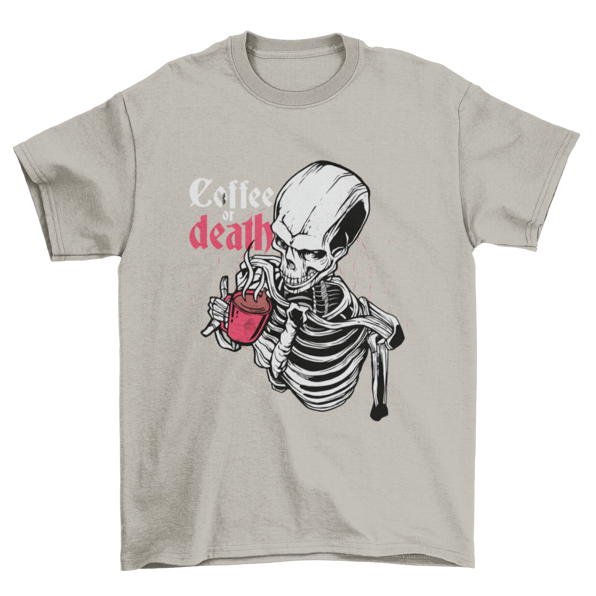 A stylish t-shirt featuring a skeleton drinking coffee with the quote 'Coffee or death'.