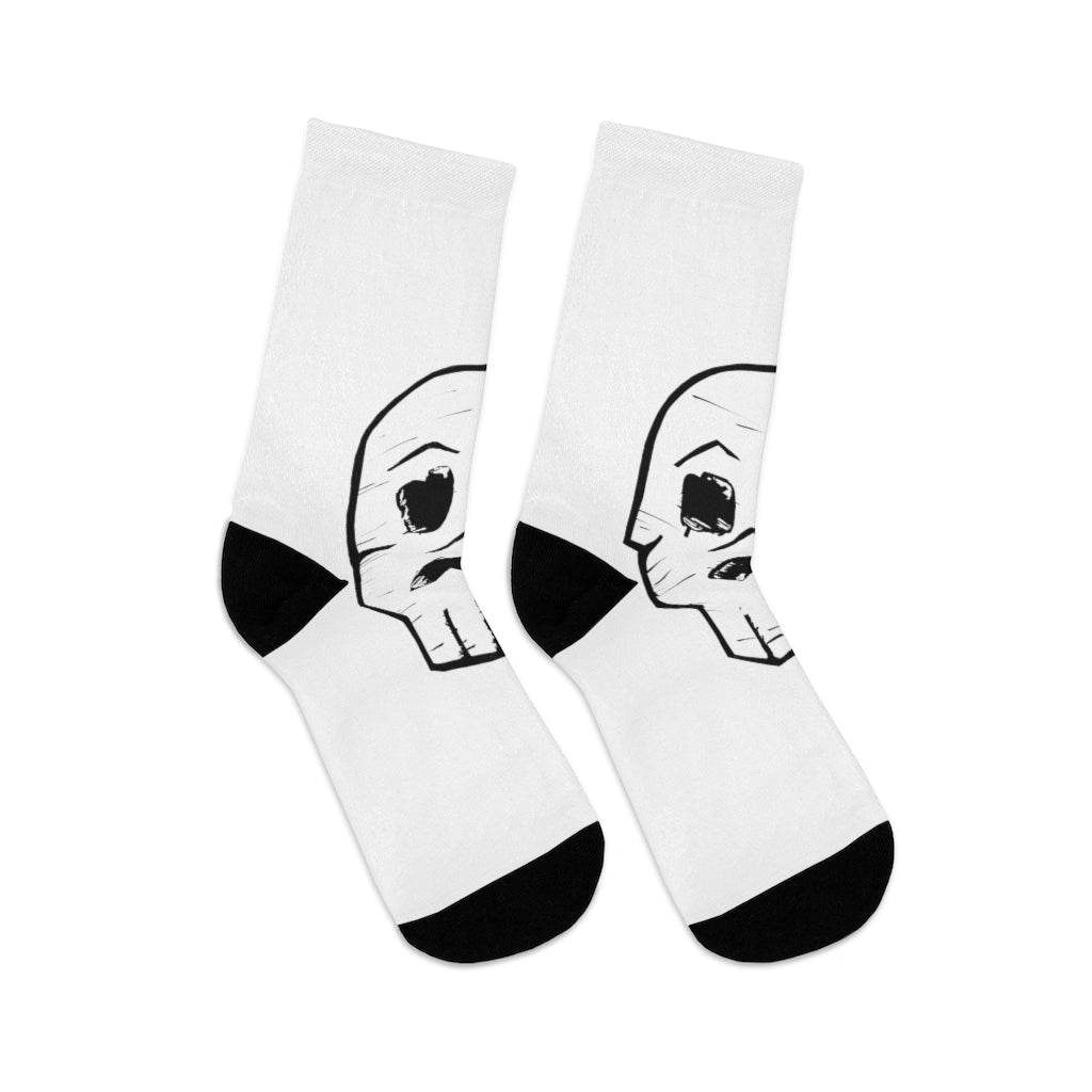 A pair of Skeleton DTG Socks featuring a stylish skeleton design, made from a blend of recycled materials for comfort and durability.