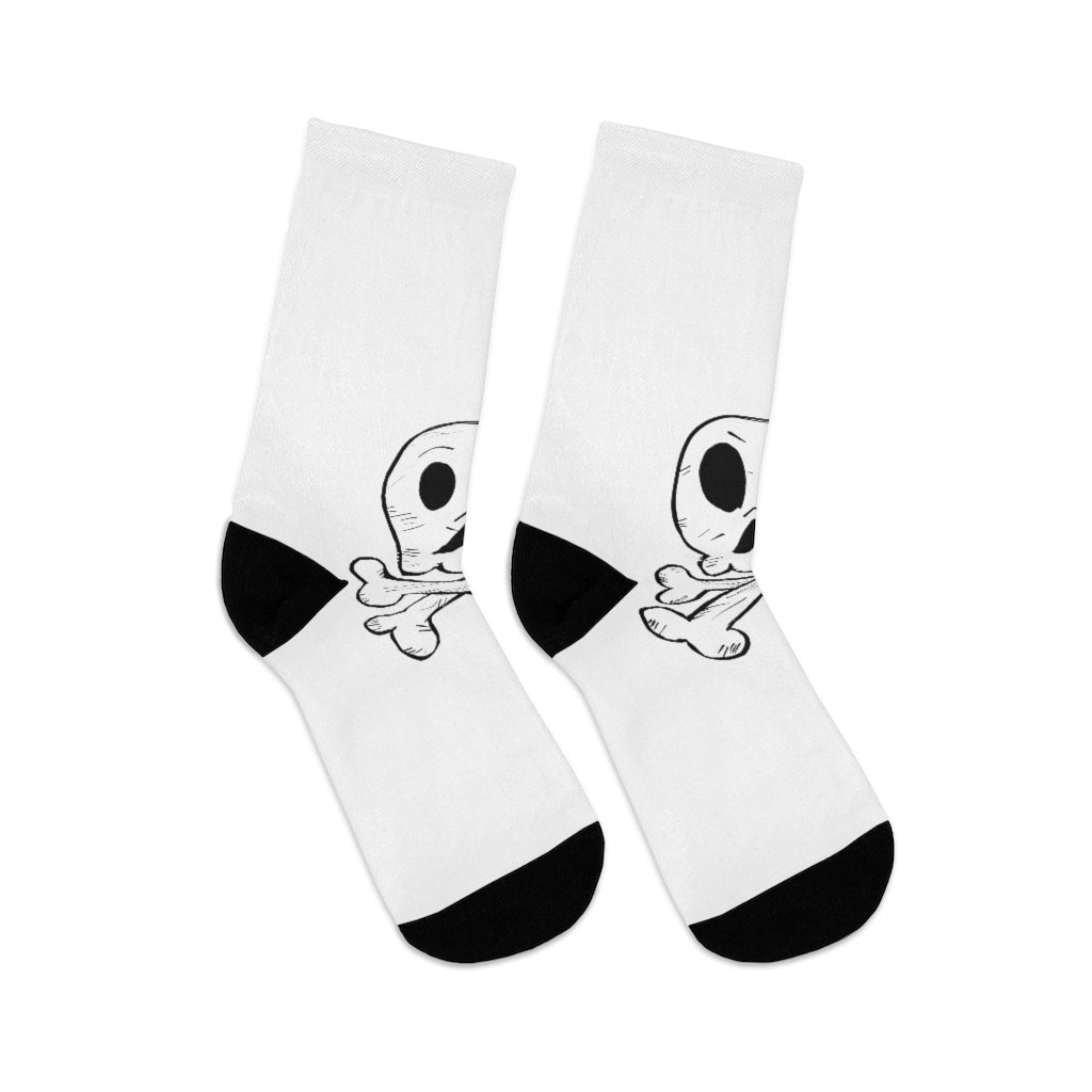 A pair of Skeleton DTG Socks featuring a unique skeleton design, made from a blend of recycled materials, showcasing their vibrant colors and premium knit quality.