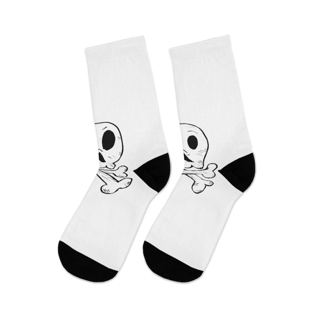 A pair of Skeleton DTG Socks featuring a unique skeleton design, made from a blend of recycled materials, showcasing their vibrant colors and premium knit quality.