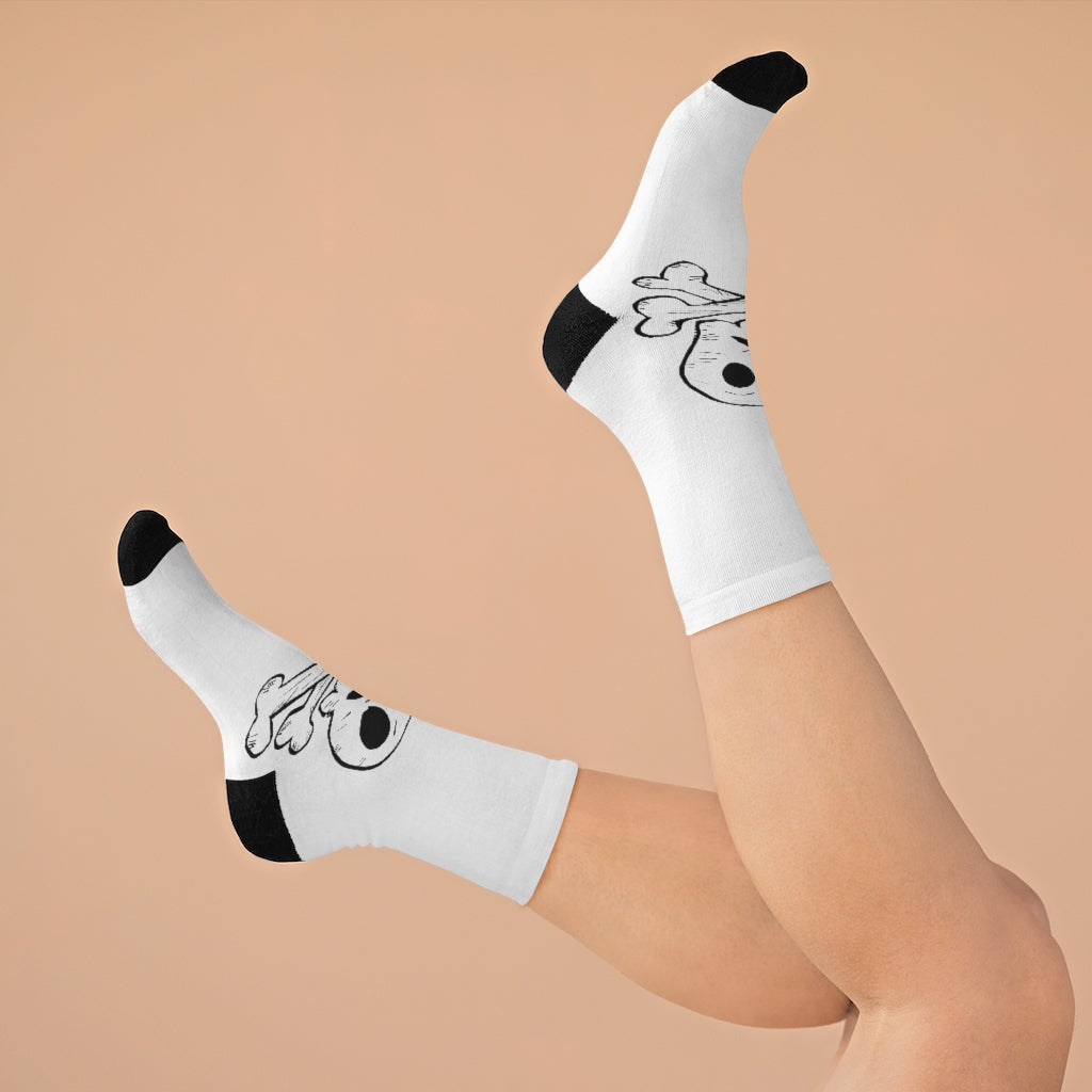 A pair of Skeleton DTG Socks featuring a unique skeleton design, made from a blend of recycled materials, showcasing their vibrant colors and premium knit quality.