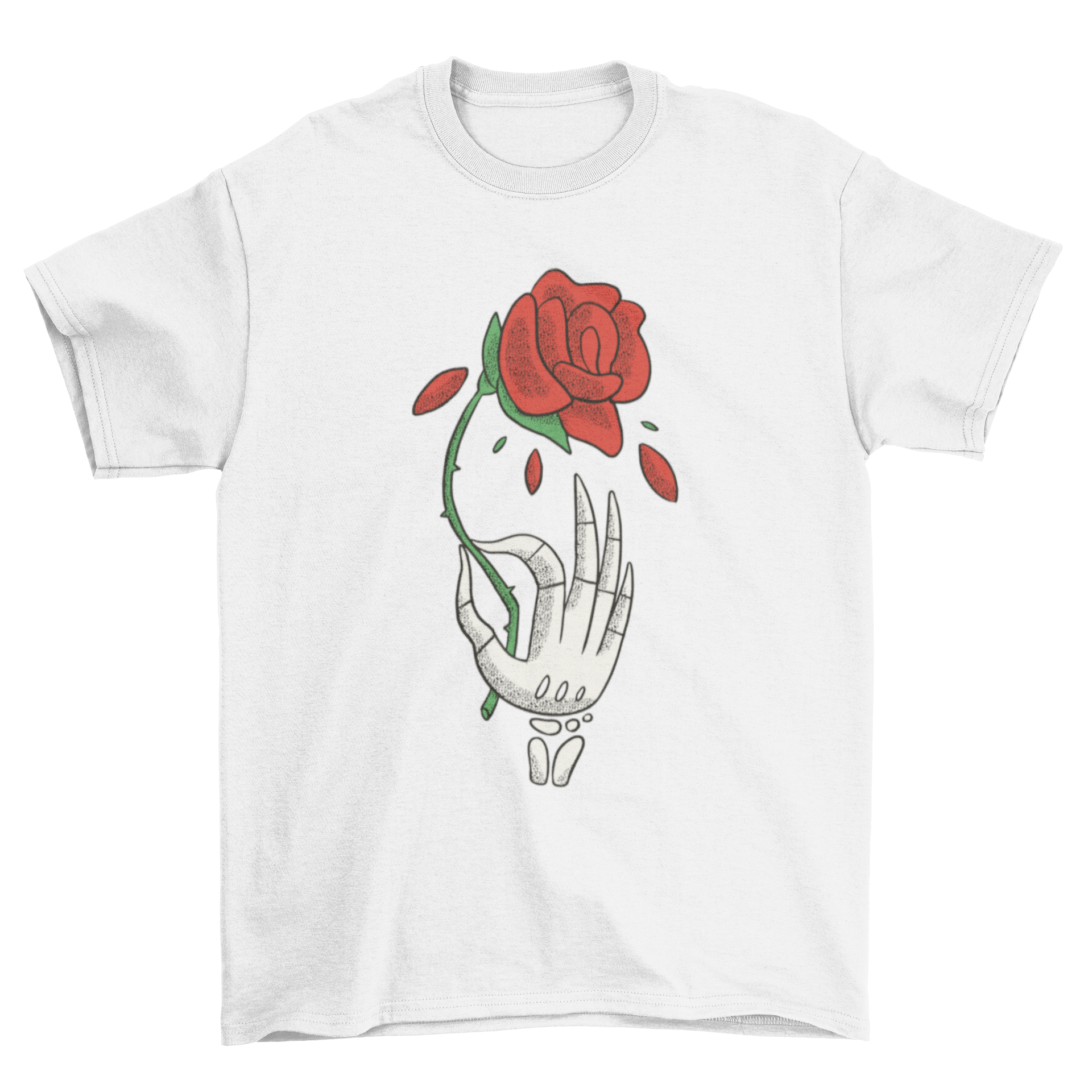 A stylish t-shirt featuring a skeleton hand delicately holding a vibrant rose, showcasing a unique graphic design.