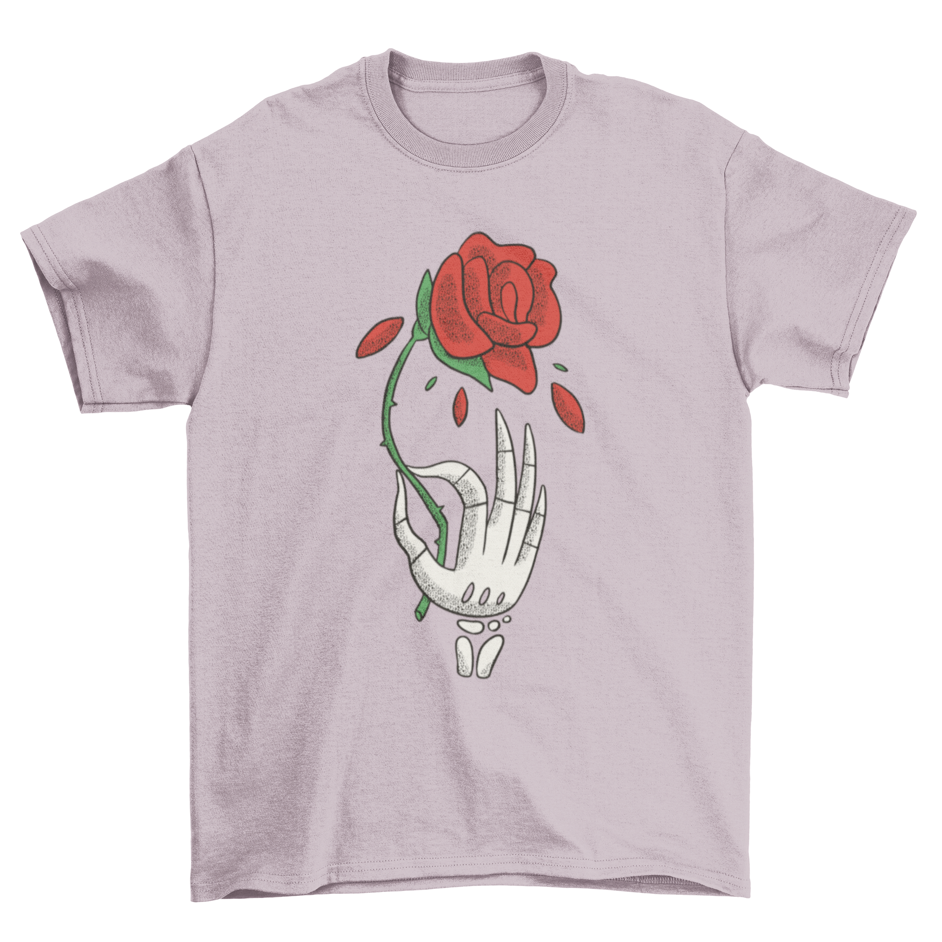 A stylish t-shirt featuring a skeleton hand delicately holding a vibrant rose, showcasing a unique graphic design.