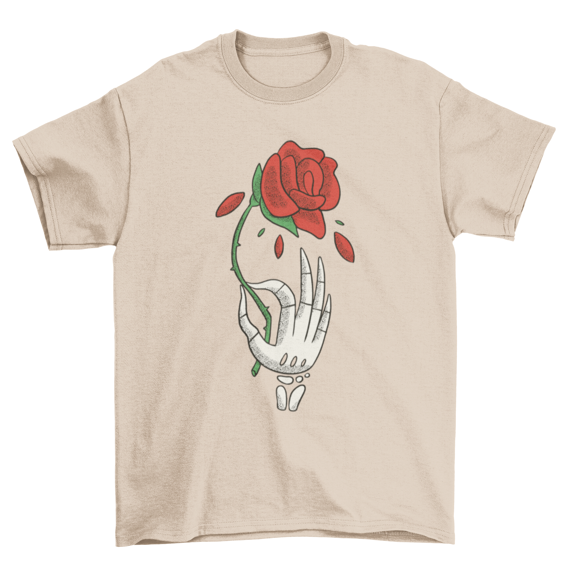 A stylish t-shirt featuring a skeleton hand delicately holding a vibrant rose, showcasing a unique graphic design.