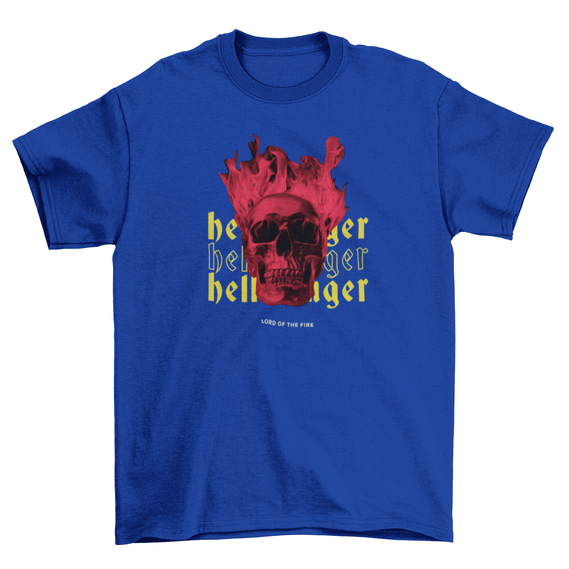 Skeleton head on fire t-shirt featuring the quote 'Hellbringer' in bold design.