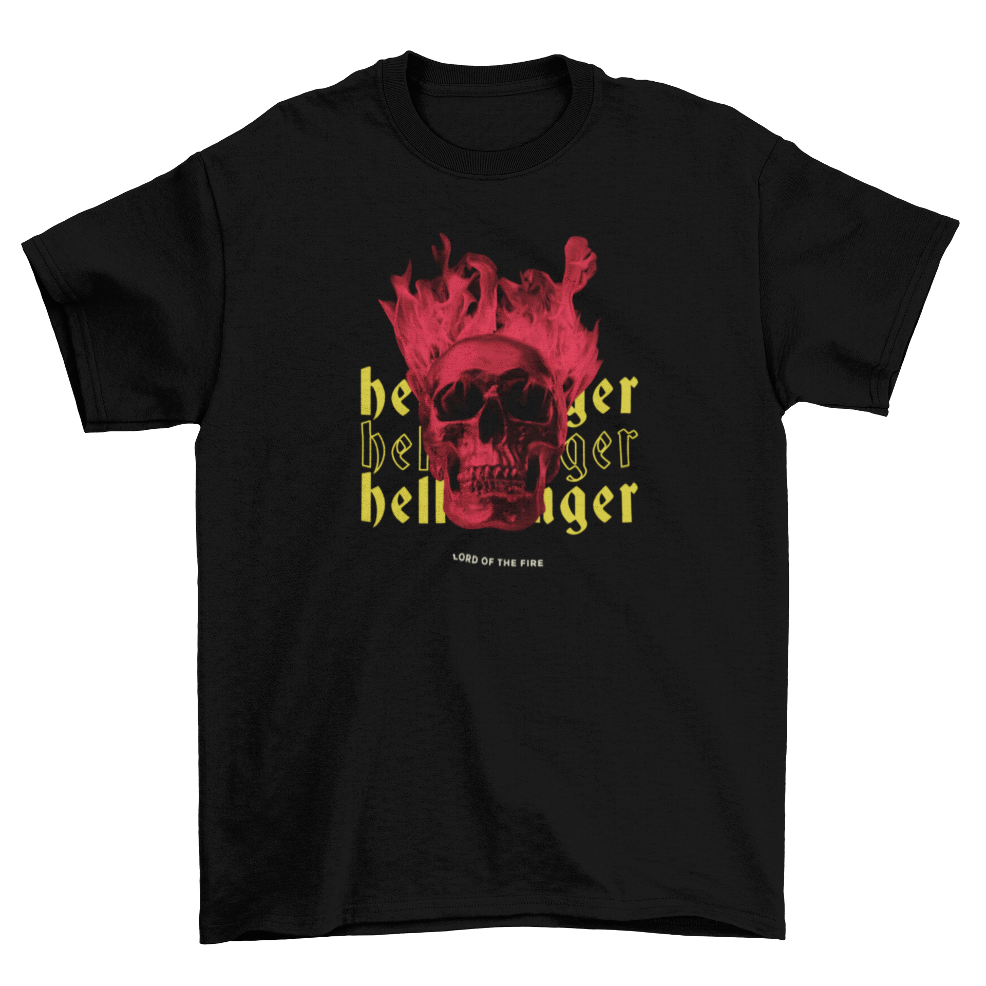 Skeleton head on fire t-shirt featuring the quote 'Hellbringer' in bold design.