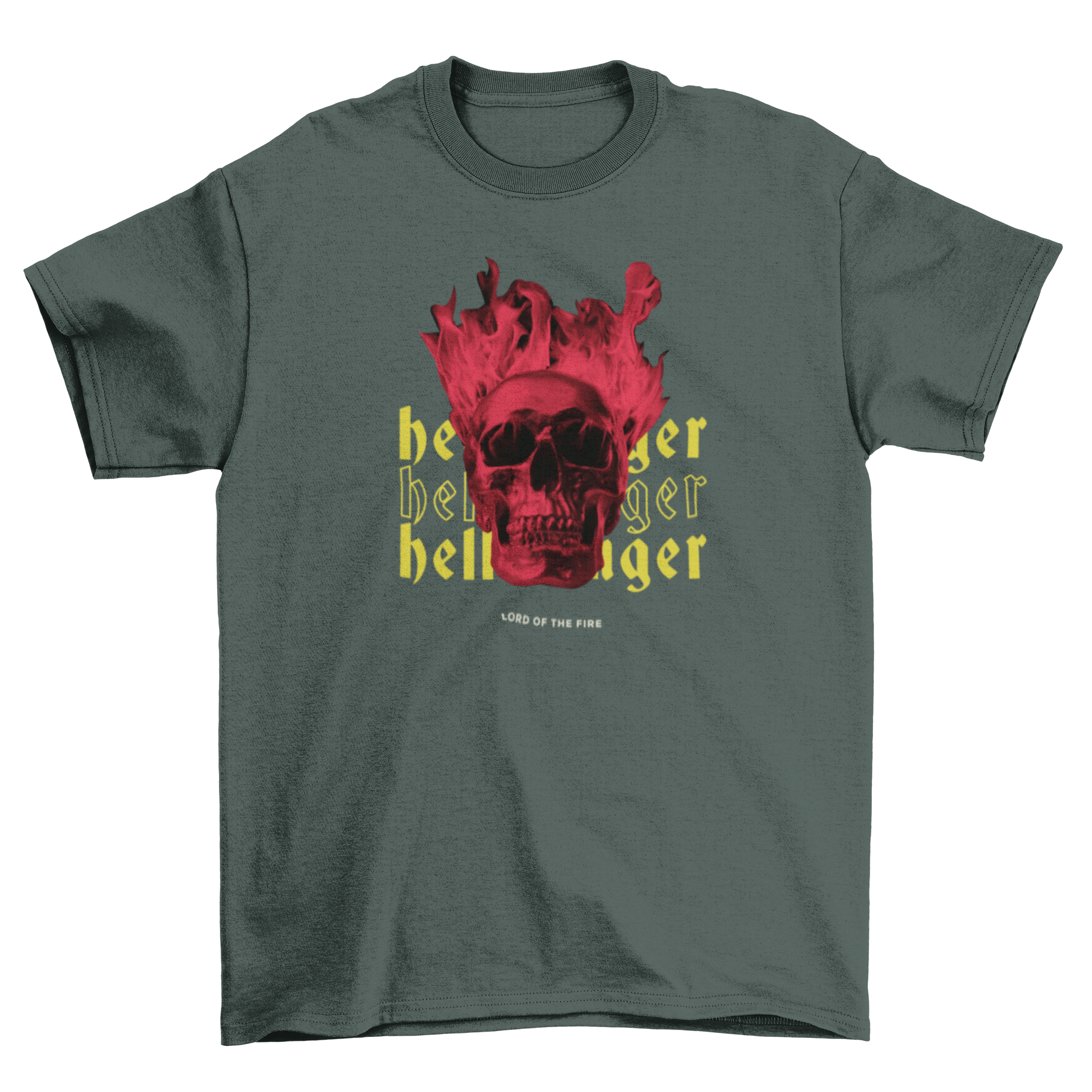 Skeleton head on fire t-shirt featuring the quote 'Hellbringer' in bold design.