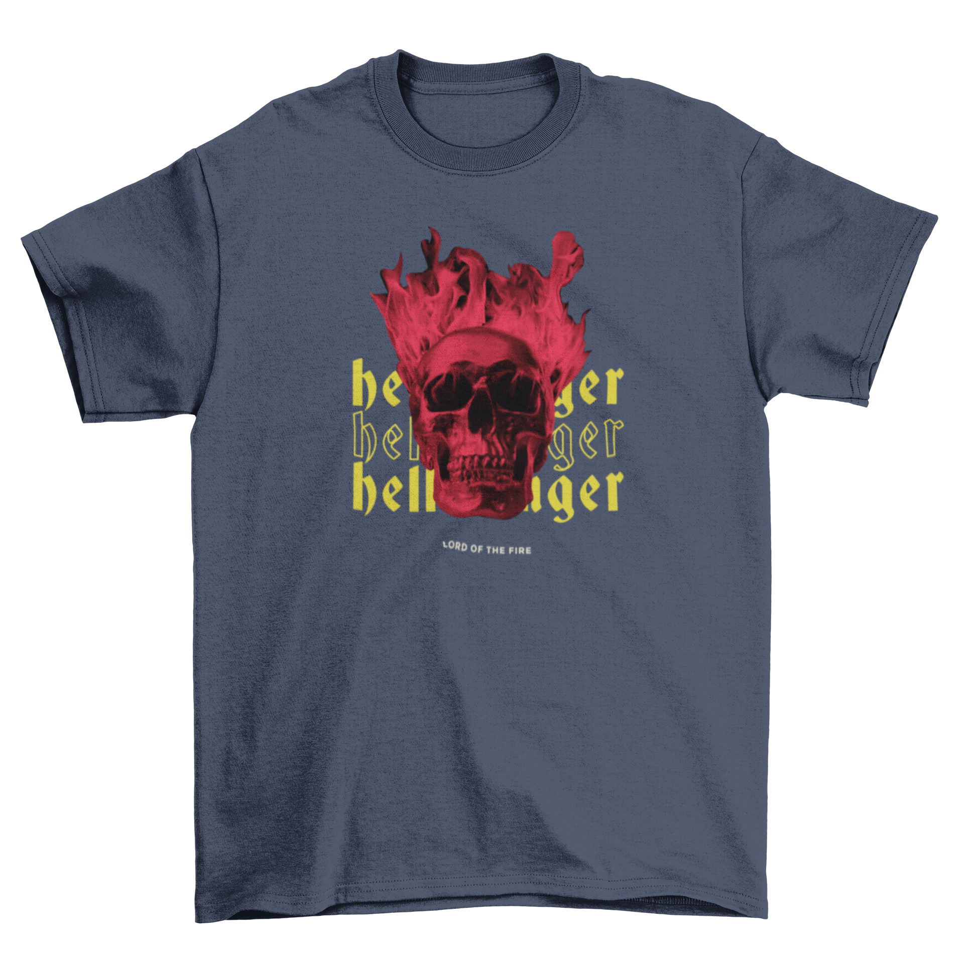 Skeleton head on fire t-shirt featuring the quote 'Hellbringer' in bold design.