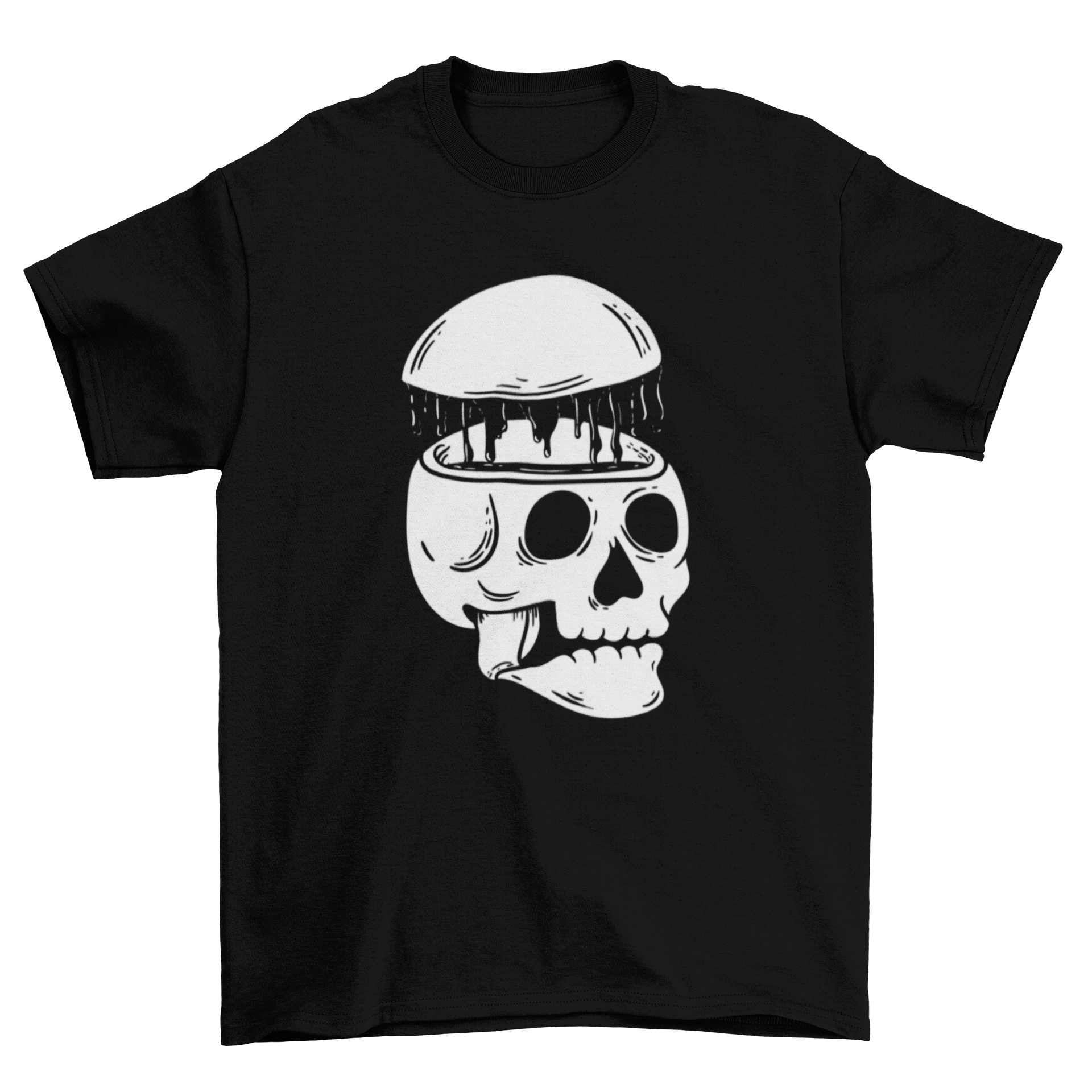 A spooky t-shirt featuring a split skeleton head design, perfect for Halloween and themed events.